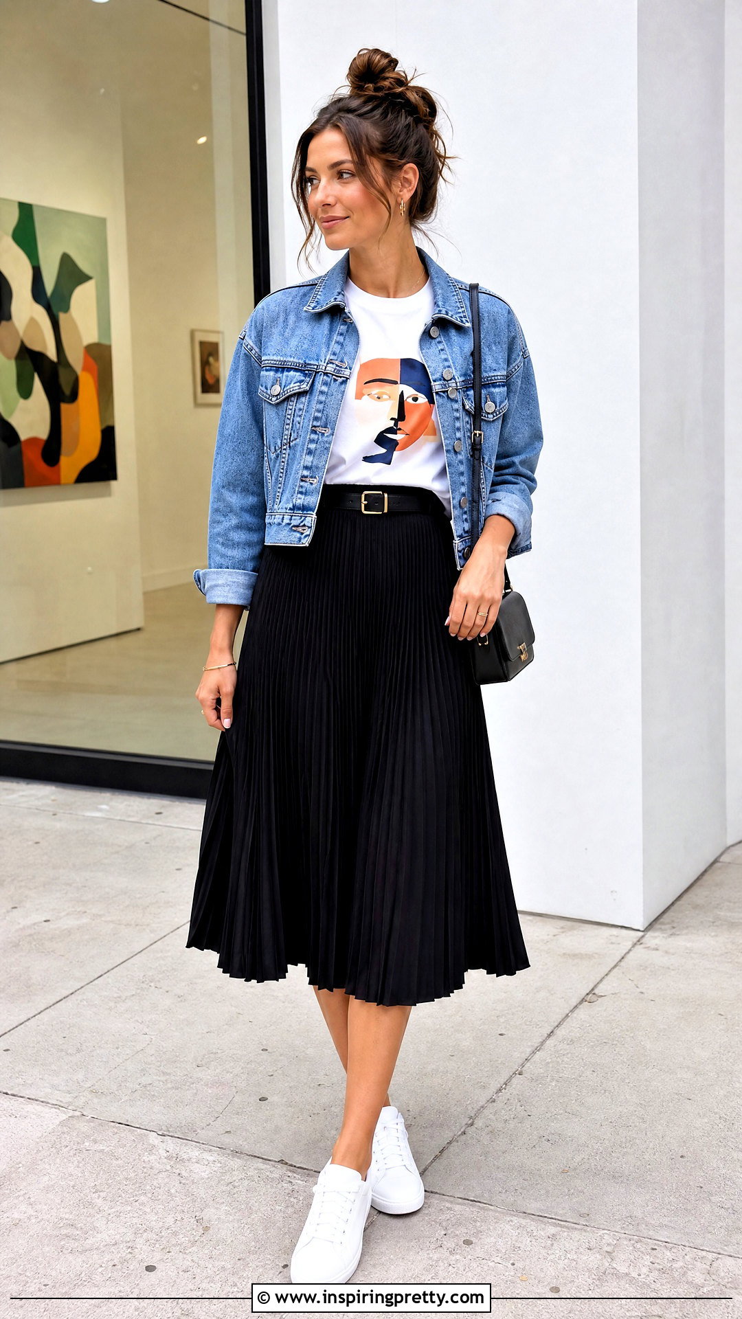 Graphic T Shirt And Pleated Skirt Outfit - 50 gathered top outfit ideas