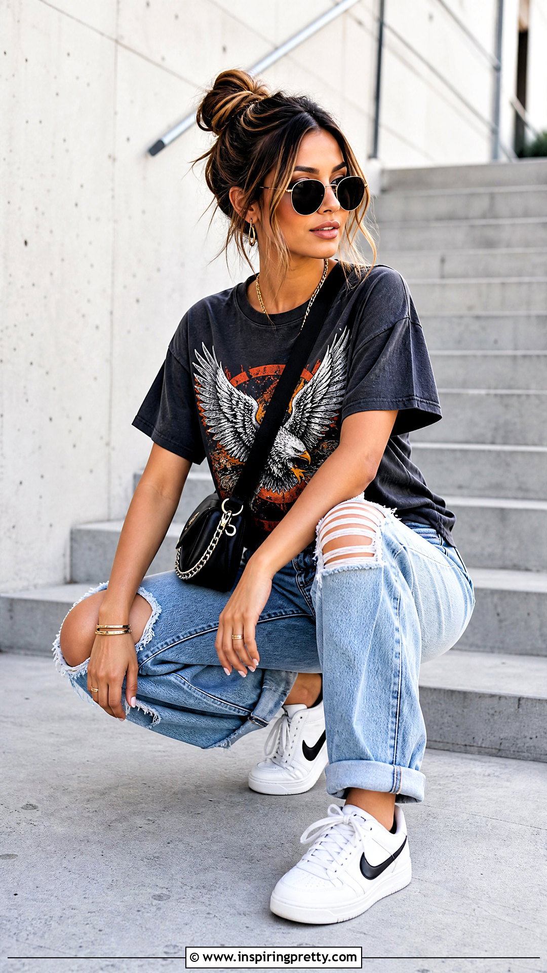 Graphic T Shirt And Ripped Jeans Crouching Pose - 50 Poses In Jeans Top Aesthetic Ideas