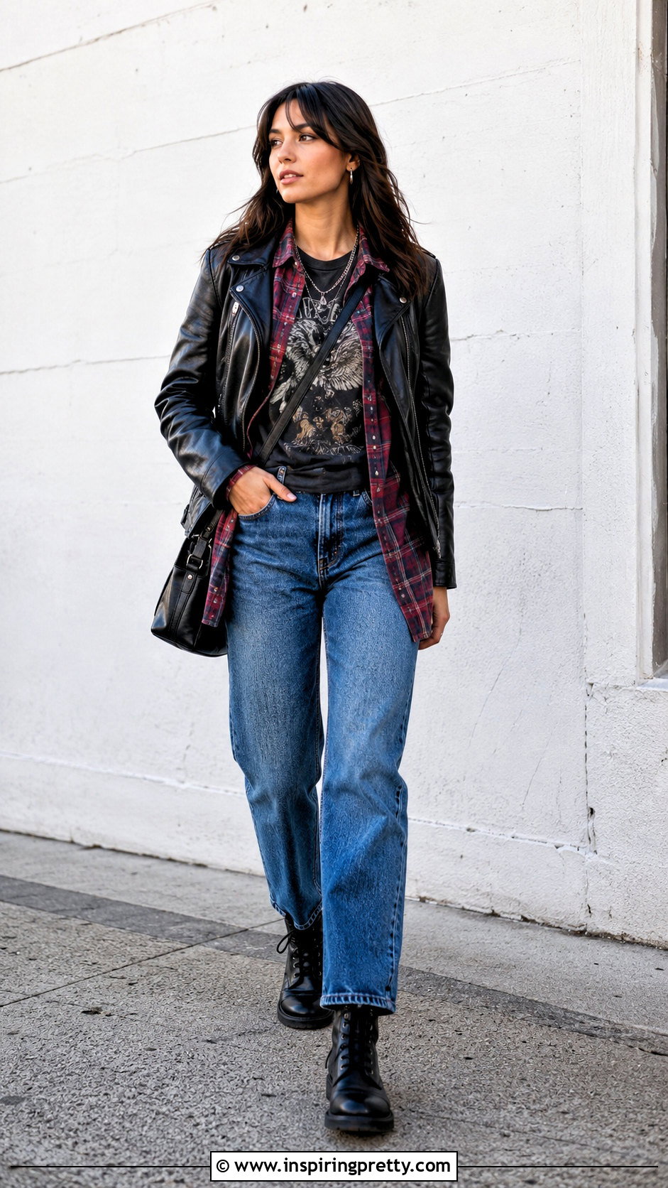 Graphic T Shirt Flannel And Leather Jacket Layering Outfit - 50 top layering ideas