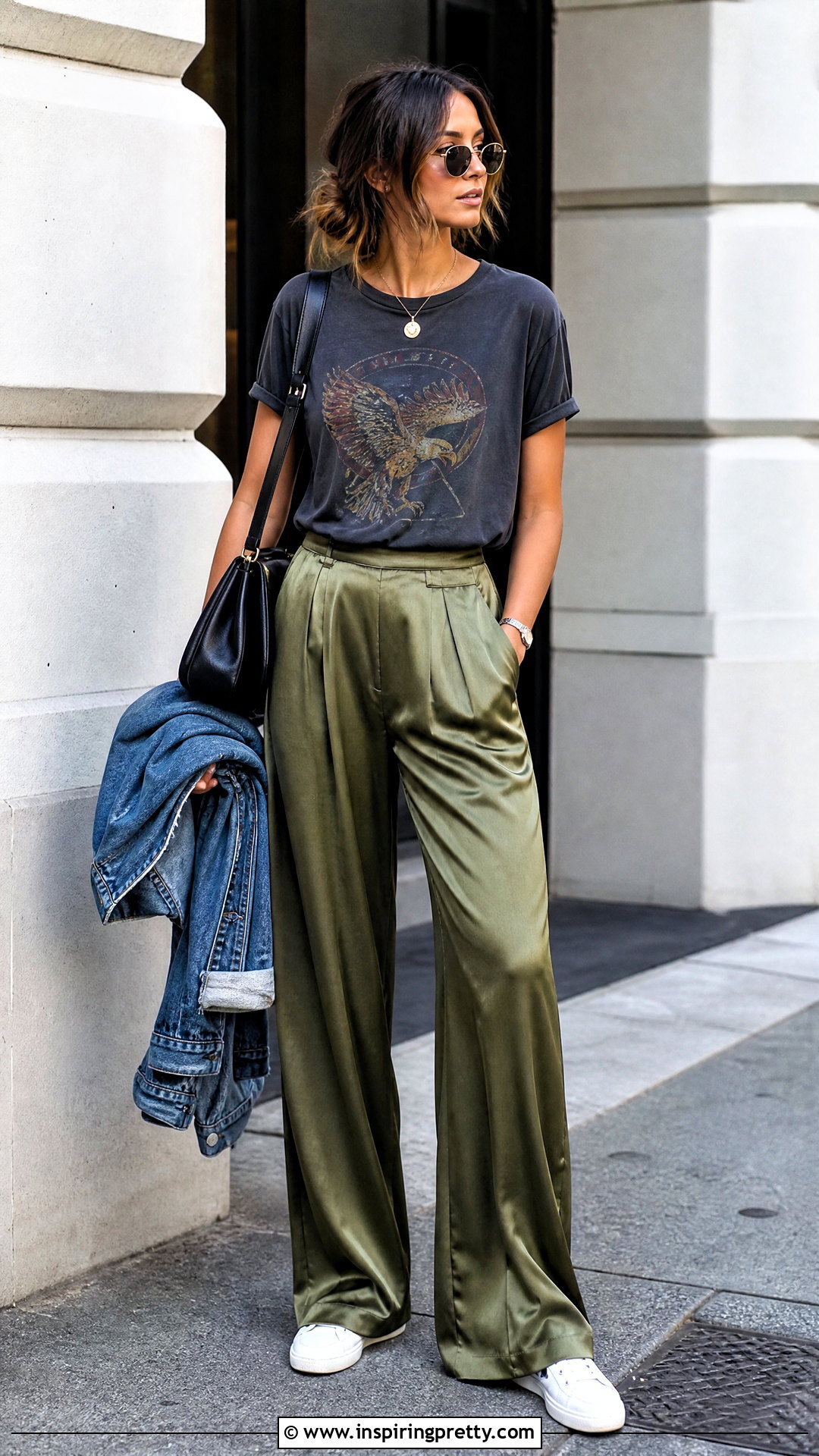 Graphic T Shirt Satin Pants And Casual Sneakers - what top to wear with satin pants (20 ways)