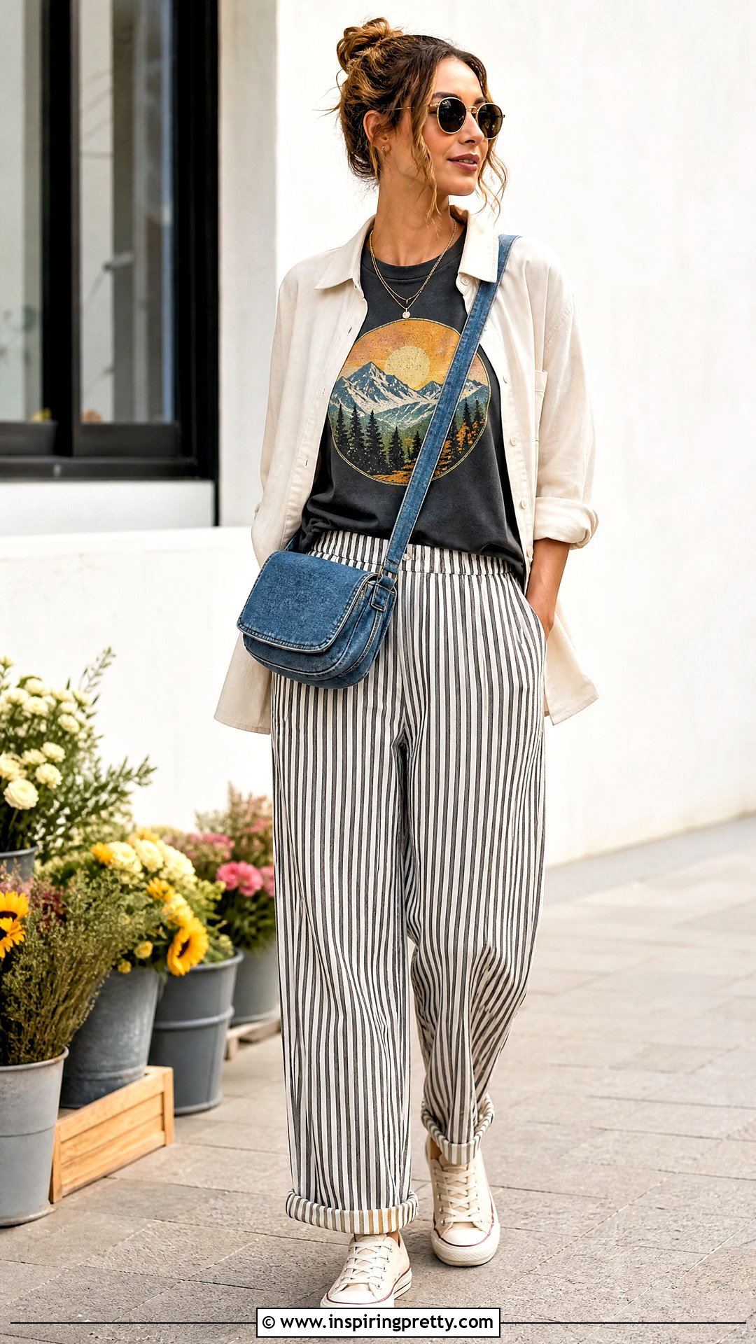 Graphic T Shirt Striped Pants and Casual Sneakers - what top to wear with striped pants (20 ways)