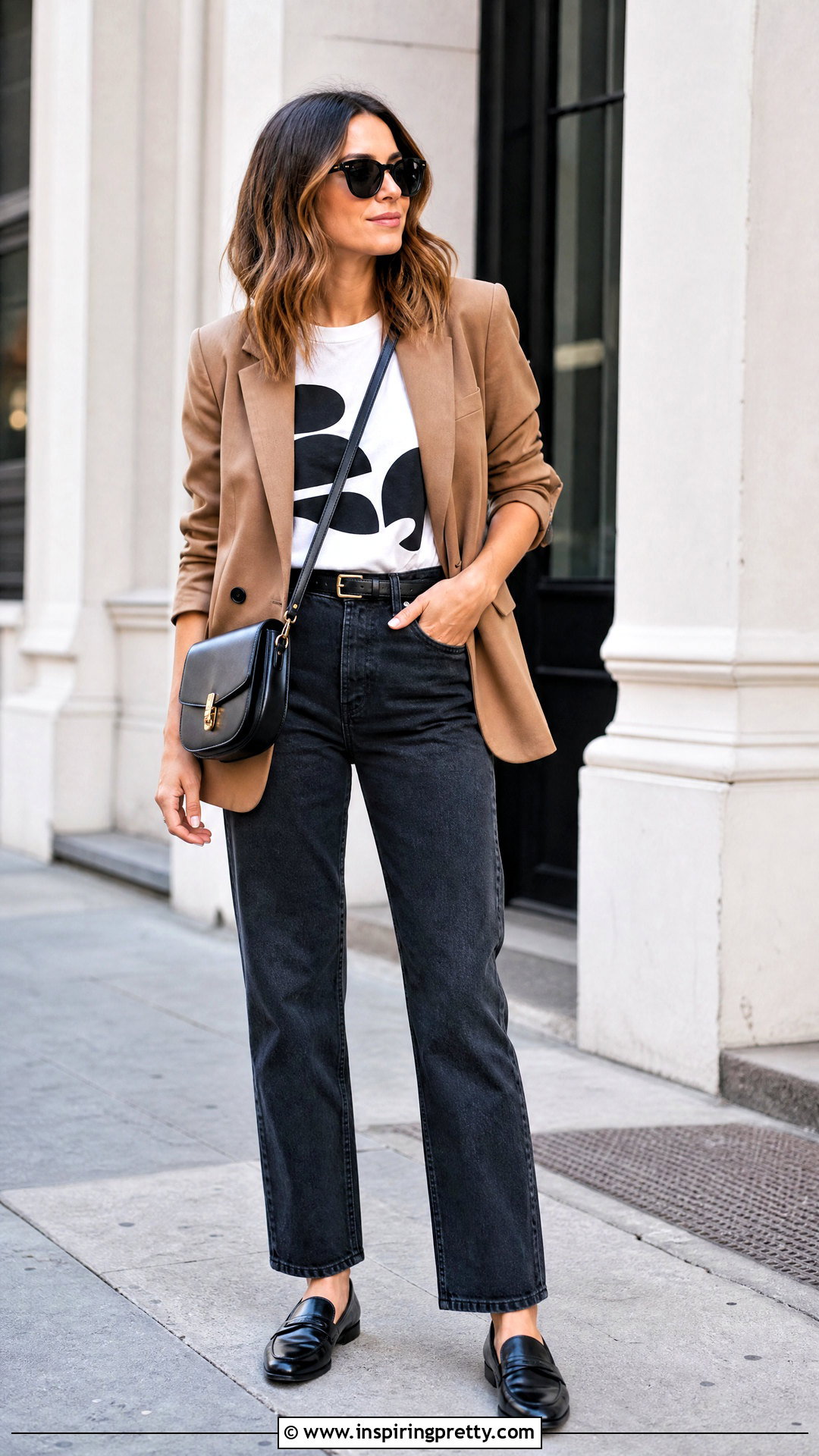 Graphic T Shirt Top With Blazer And Jeans - 50 chic tops outfit ideas