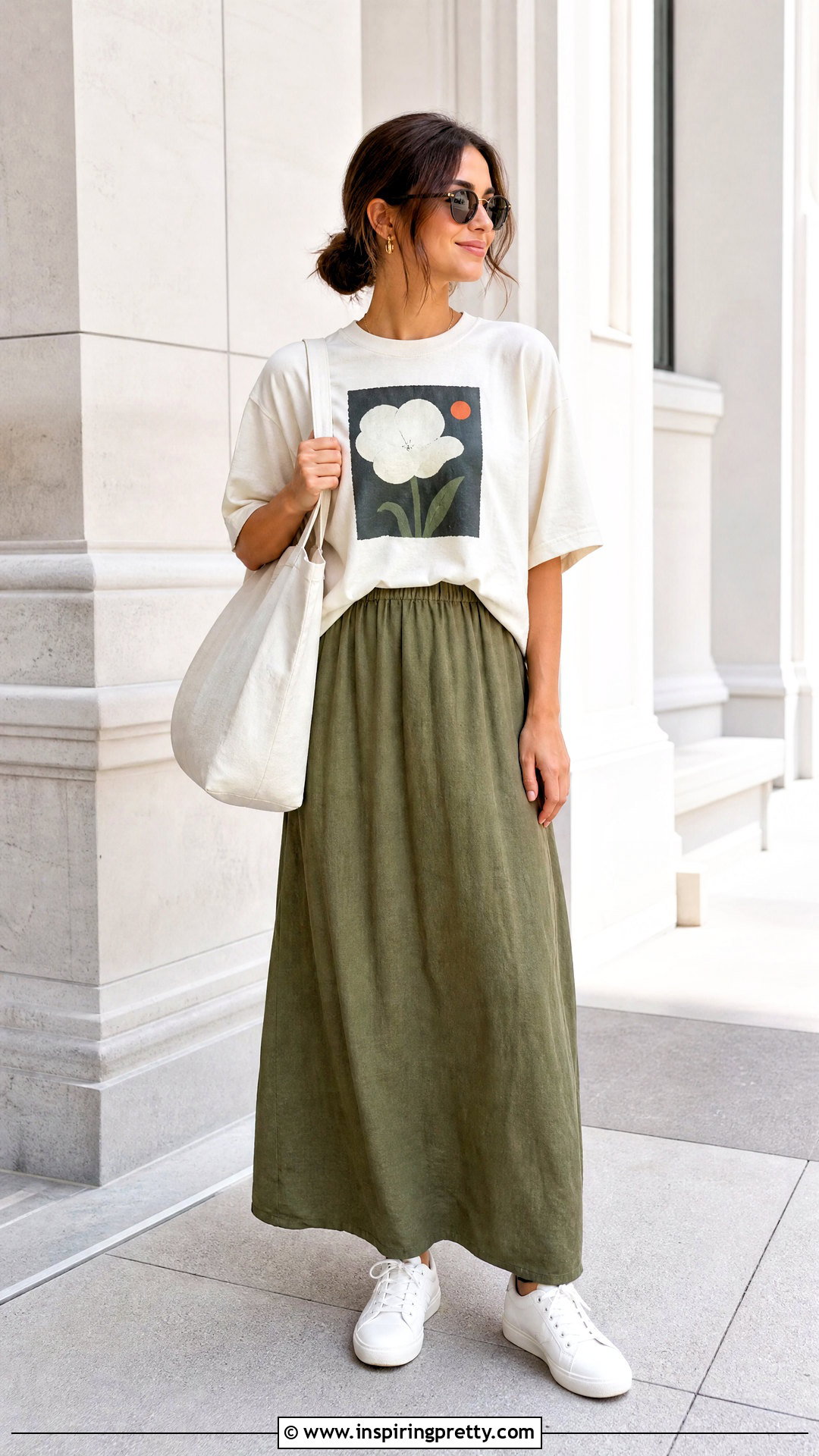 Graphic T Shirt Top With Linen Maxi Skirt - 50 modest summer tops outfit ideas