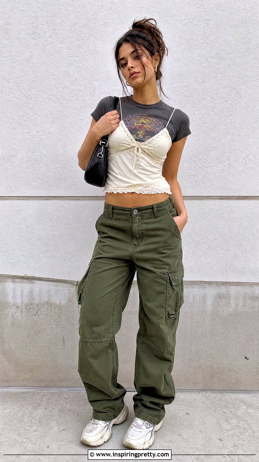 Graphic T Shirt Under Lace Spaghetti Strap Top With Cargo Pants - 20 t shirt under spaghetti strap top outfit ideas