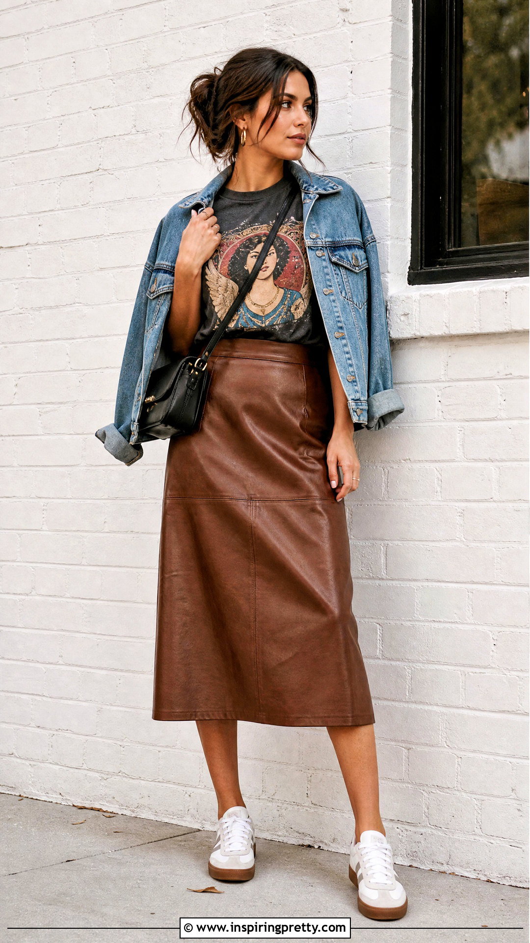 Graphic T Shirt With A Leather Midi Skirt - 50 trendy fashion tops outfit ideas