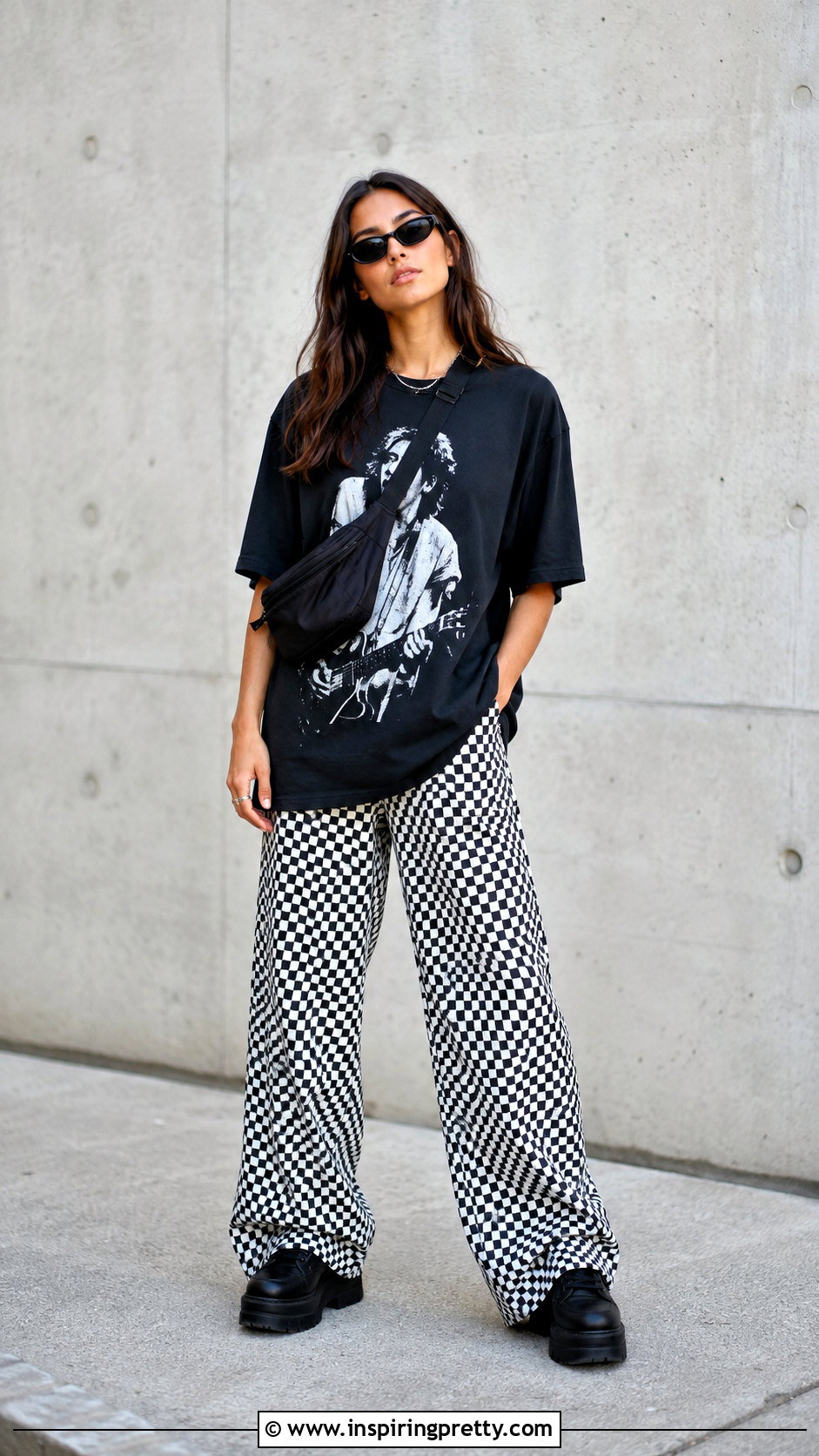 Graphic T Shirt With Black And White Checkered Pants - 25 Tops To Wear With Black And White Checkered Pants