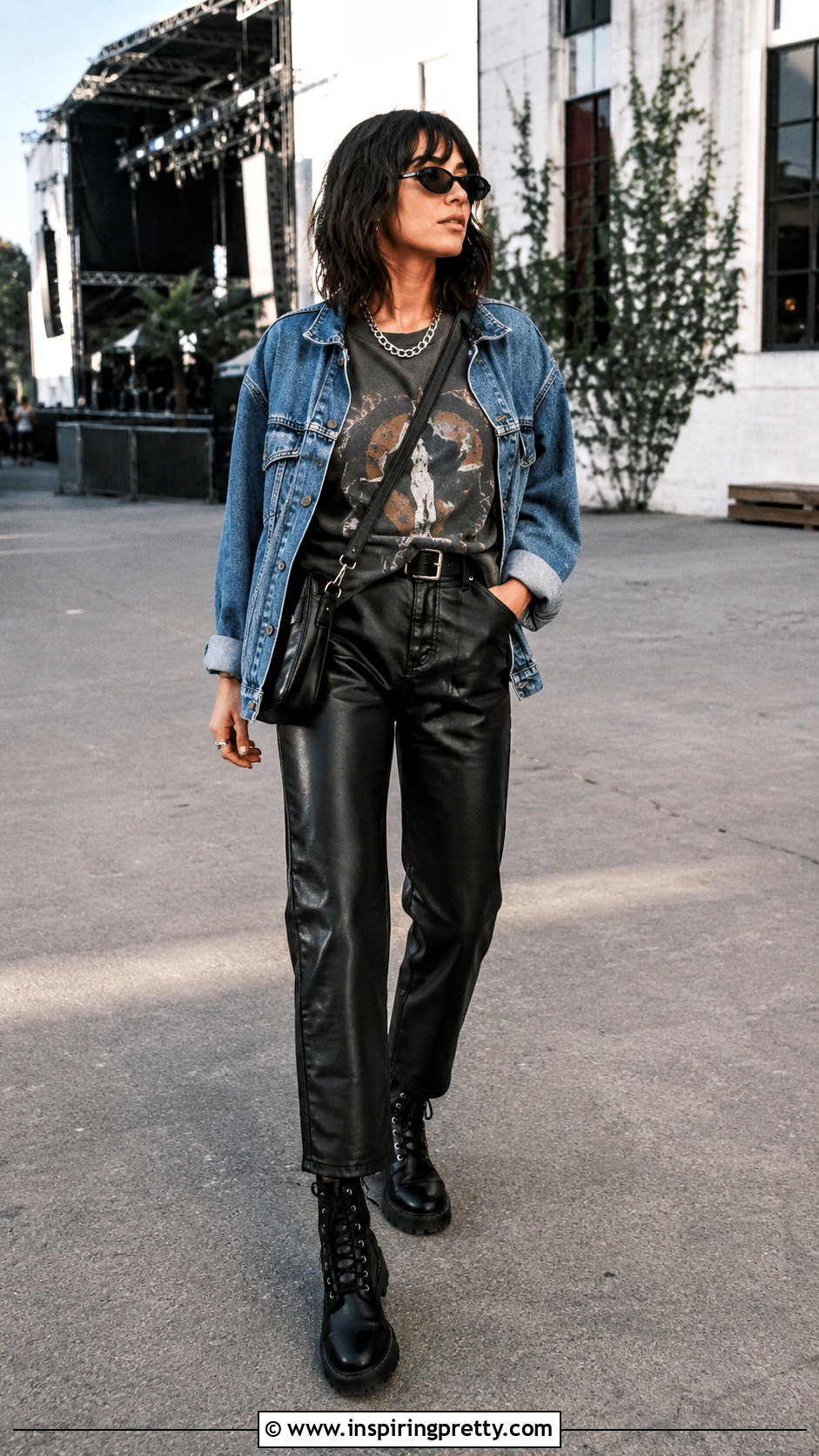 Graphic T Shirt With Black Leather Pants And Combat Boots - what top to wear with black leather pants (25 ways)