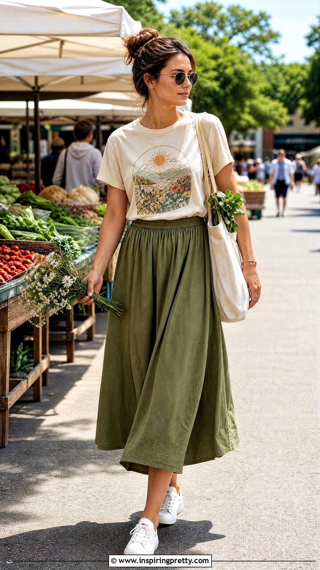 Graphic T Shirt With Cotton Midi Skirt - 50 casual summer tops outfit ideas