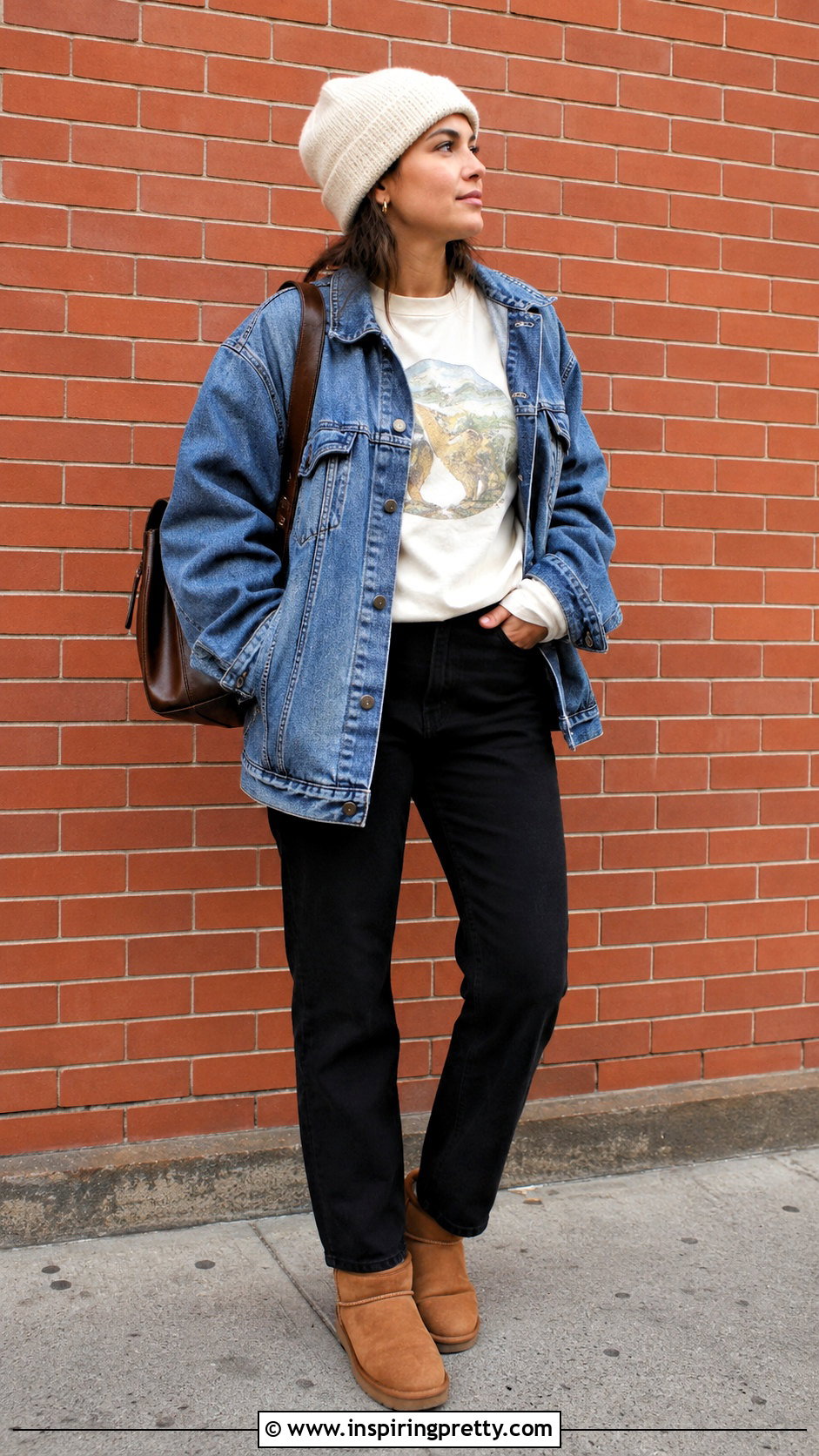 Graphic T Shirt With Denim Jacket And UGG Boots - 20 ugg tops outfit ideas