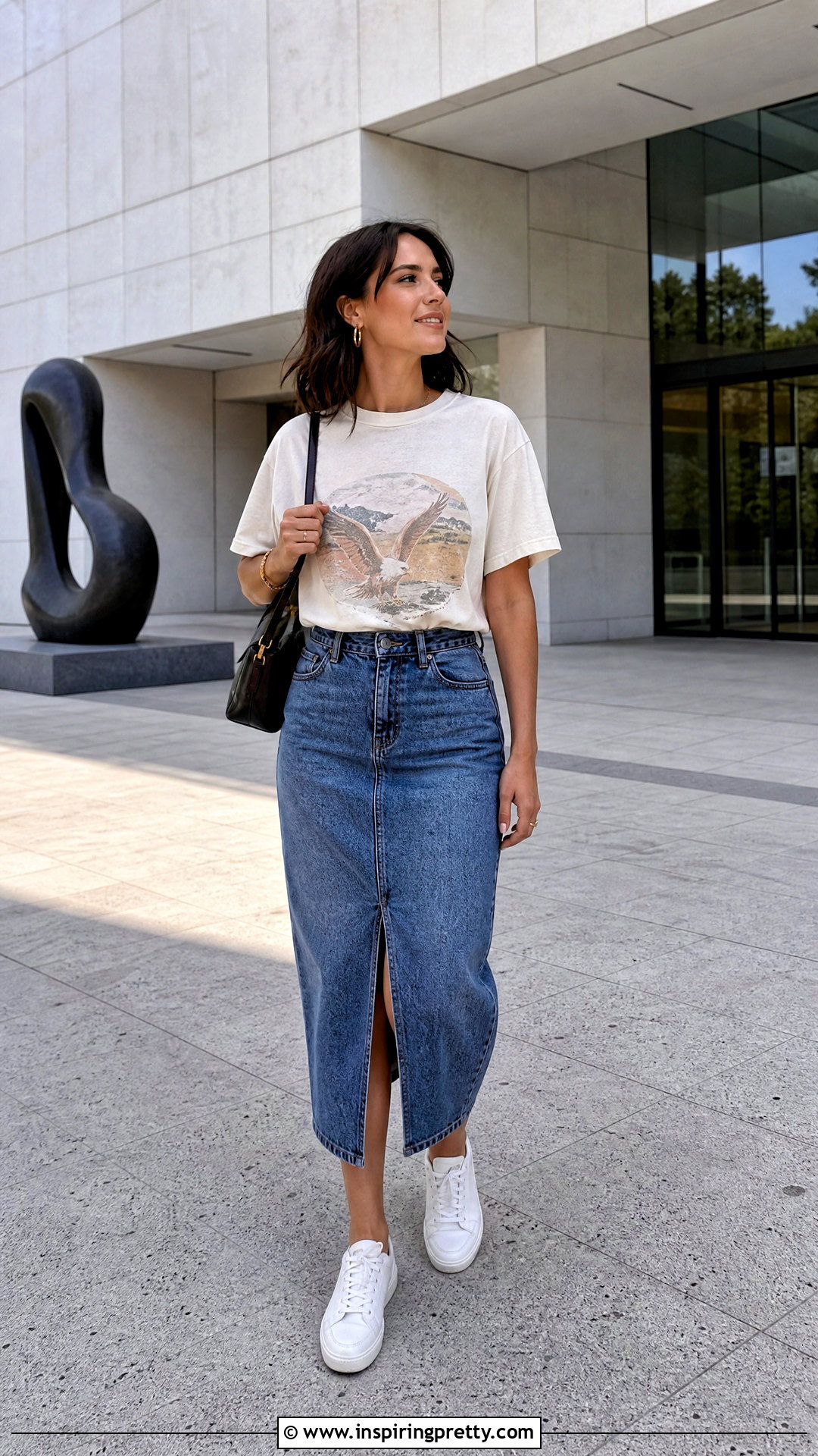 Graphic T Shirt With Denim Midi Skirt - 50 Top Shirt outfit ideas