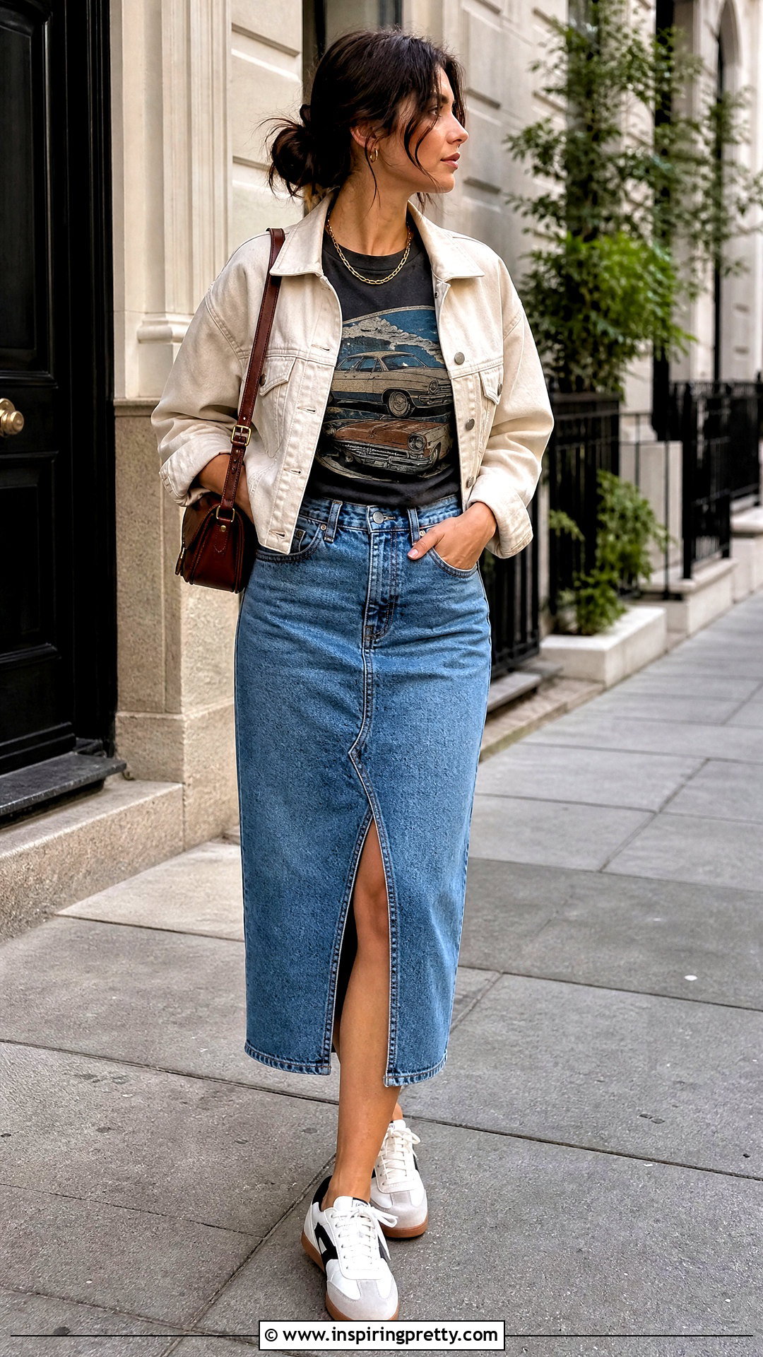 Graphic T Shirt With Denim Midi Skirt - 50 tops for women