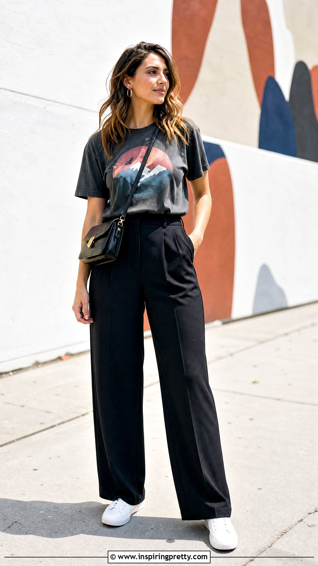 Graphic T Shirt With High Waisted Wide Leg Pants - 20 Tops To Wear With High Waisted Wide Leg Pants