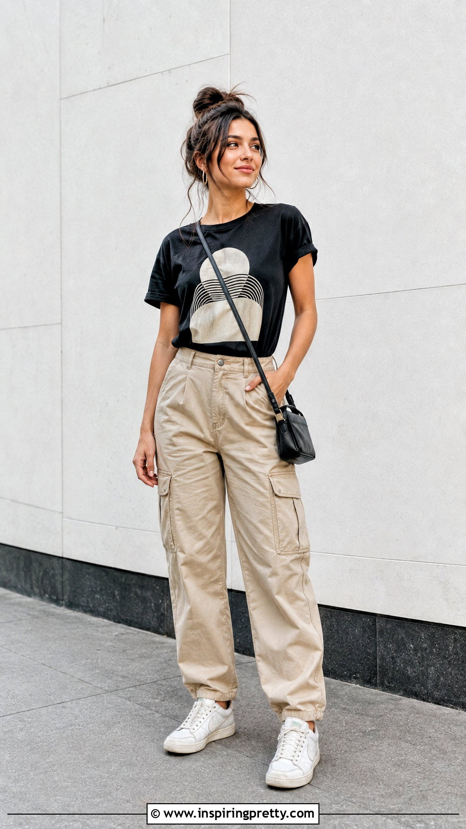 Graphic T Shirt With Khaki Cargo Pants And Sneakers - 25 tops that go with khaki pants