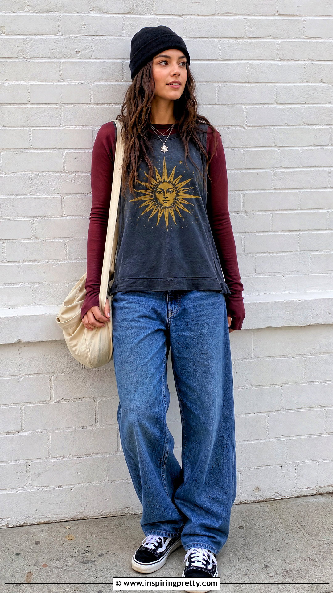 Graphic Tank Top Over Long Sleeve Tee With Baggy Jeans - 50 tank top over shirt outfits
