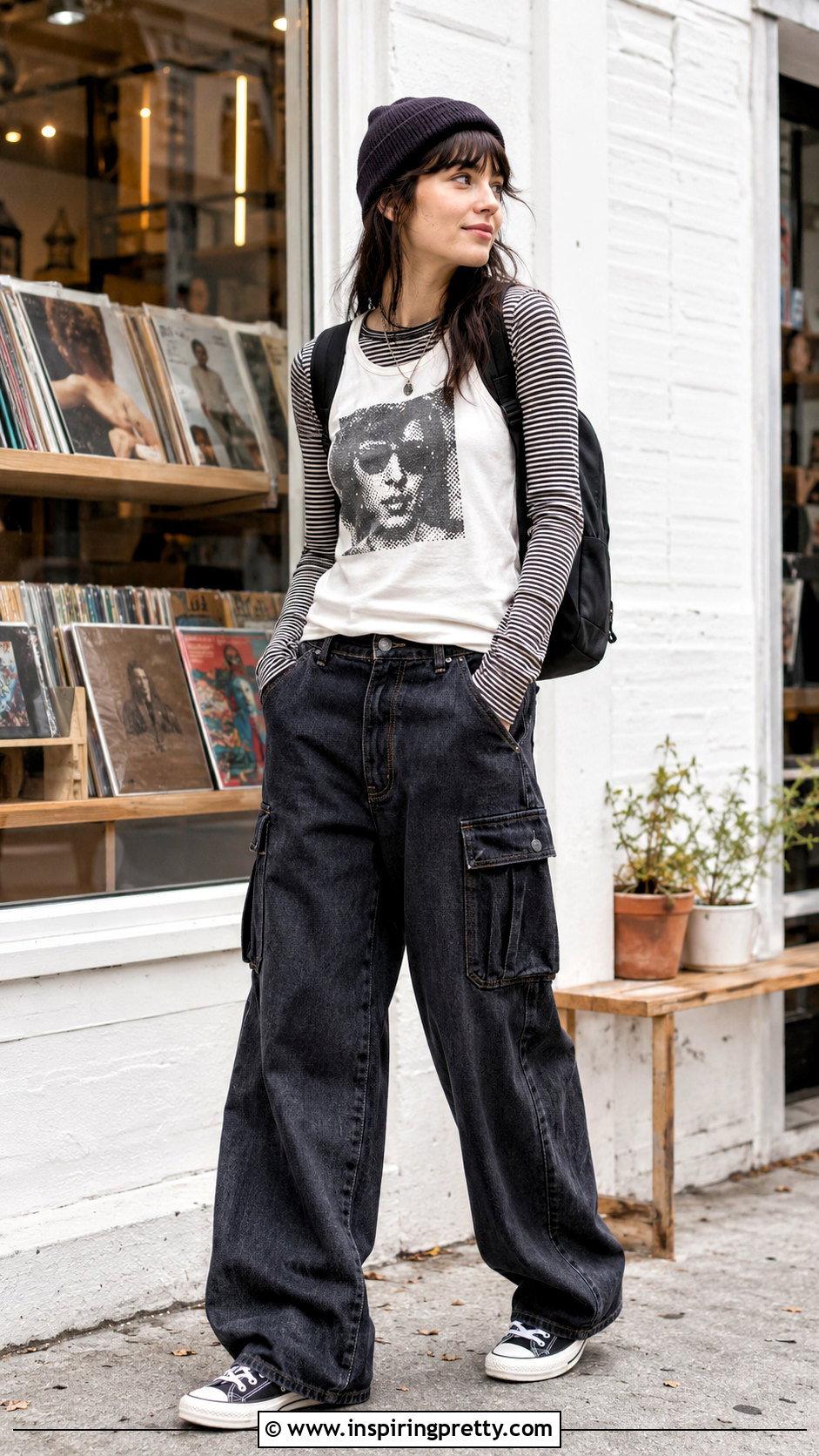 Graphic Tank Top Over Striped Long Sleeve With Cargo Jeans - 50 tank top over long sleeve outfit ideas