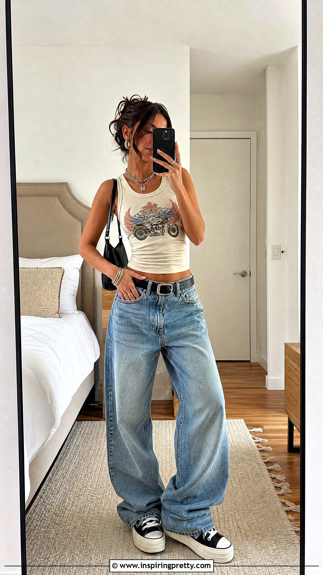 Graphic Tank Top With Baggy Jeans - 50 selfie tank top outfit ideas