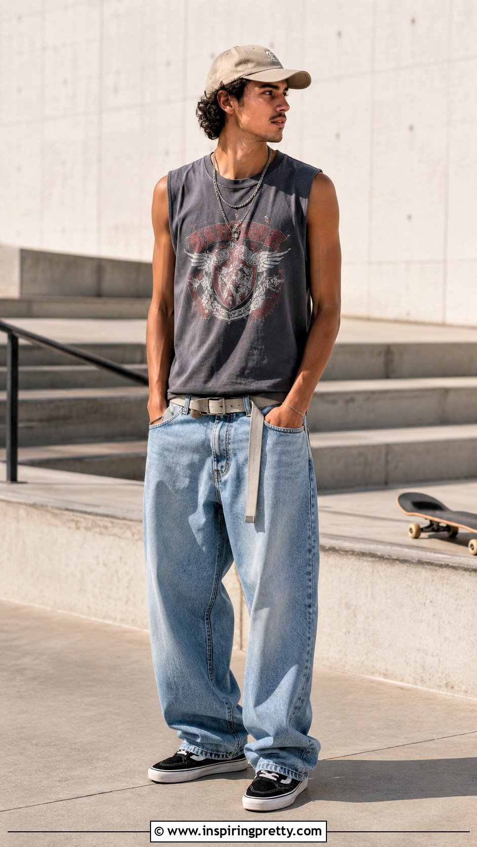 Graphic Tank Top With Baggy Jeans - 20 tank top mens outfit ideas