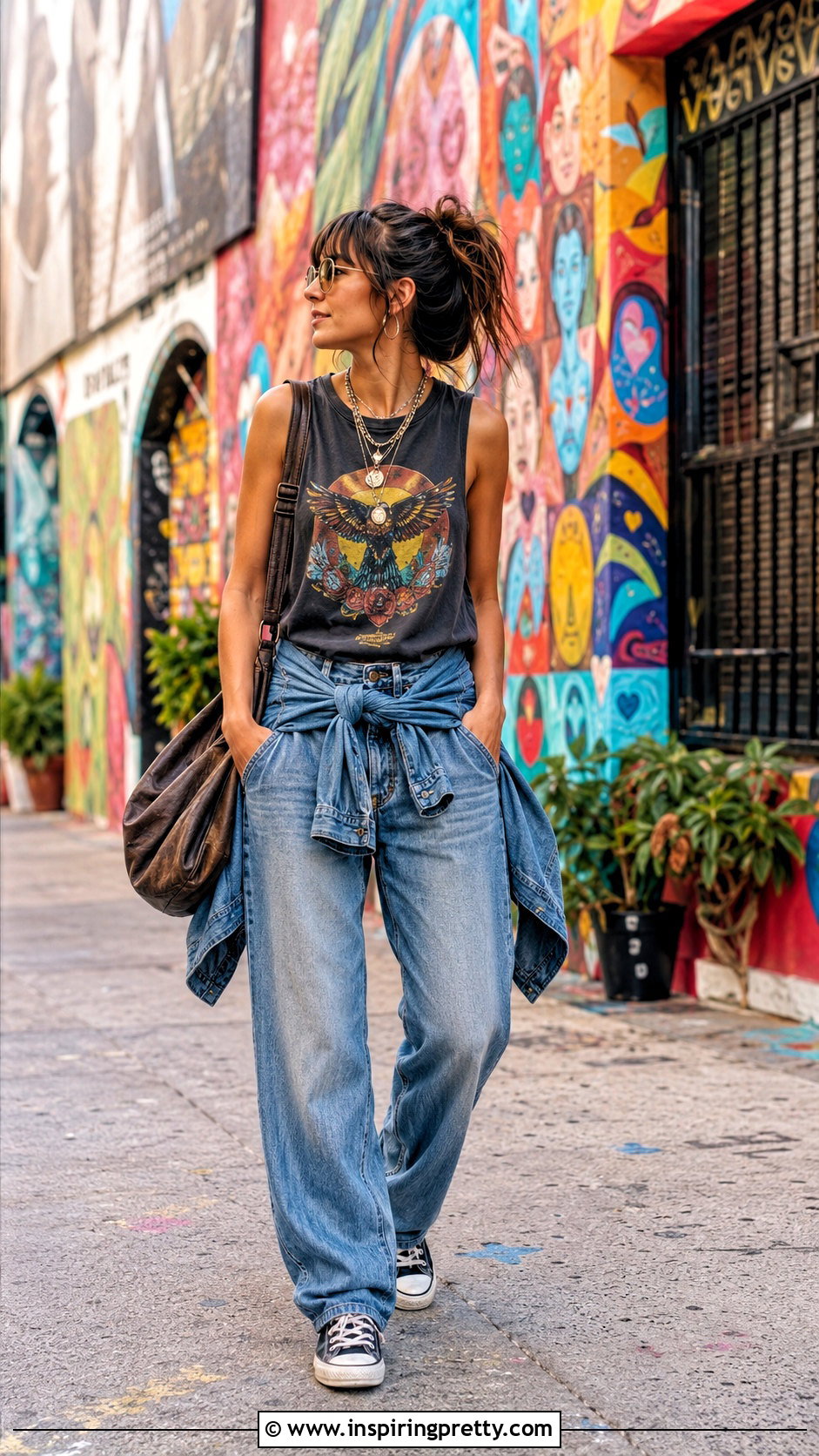 Graphic Tank Top With Baggy Jeans - 50 cute tank tops outfit ideas