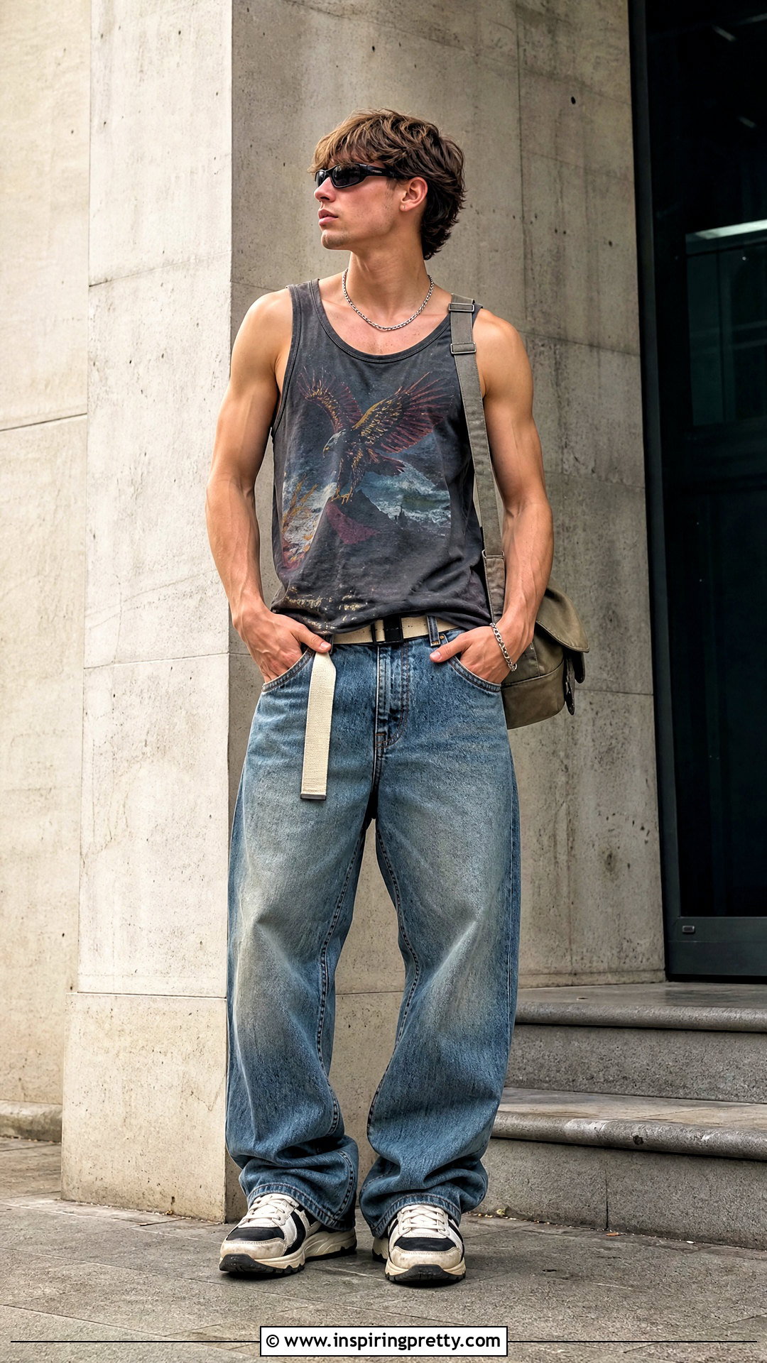 Graphic Tank Top With Baggy Jeans - 50 men tank top outfit ideas
