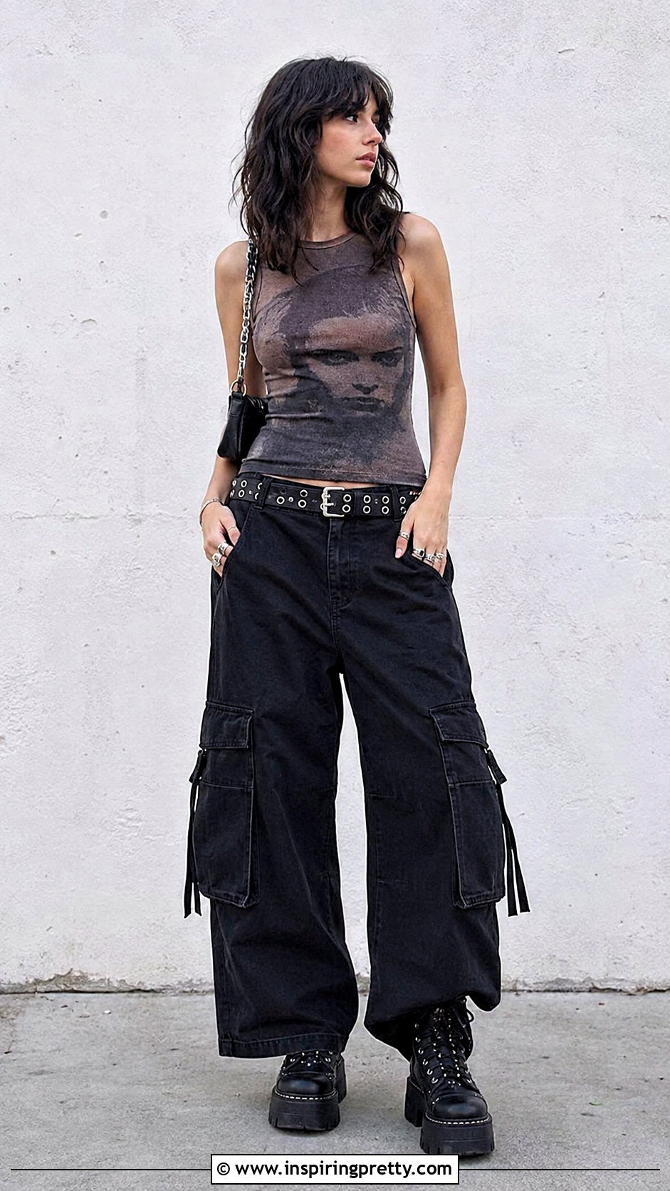Graphic Tank Top With Black Cargo Pants - 25 Edgy Tank Top Outfit ideas