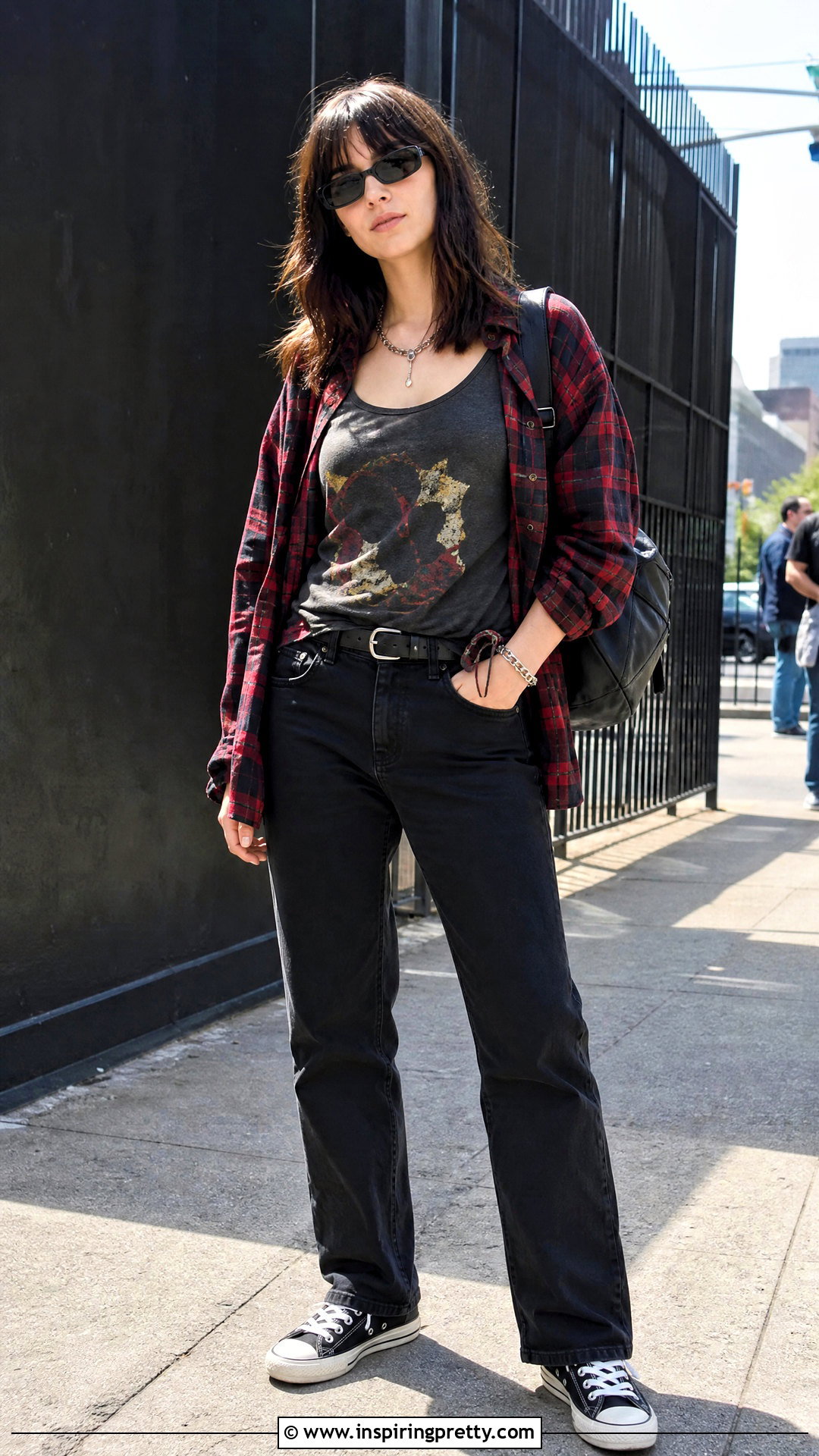 Graphic Tank Top With Black Jeans And Plaid Shirt - 20 Casual Outfit With Graphic Tank Top ideas