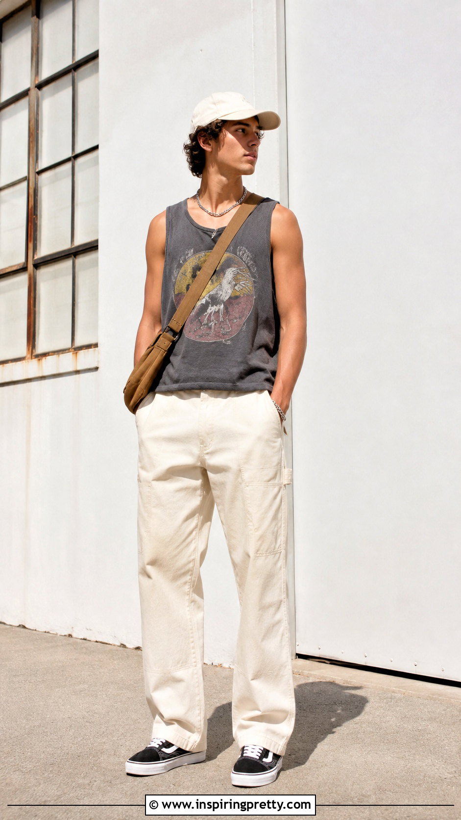 Graphic Tank Top With Carpenter Pants - 20 men tank top aesthetic outfit ideas