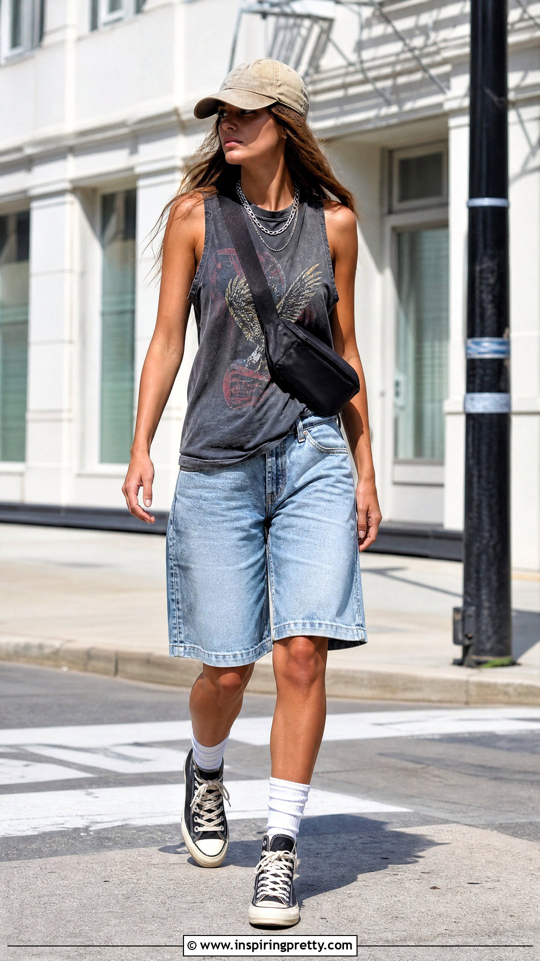 Graphic Tank Top With Denim Shorts - 20 Tank Tops Street Style Ideas