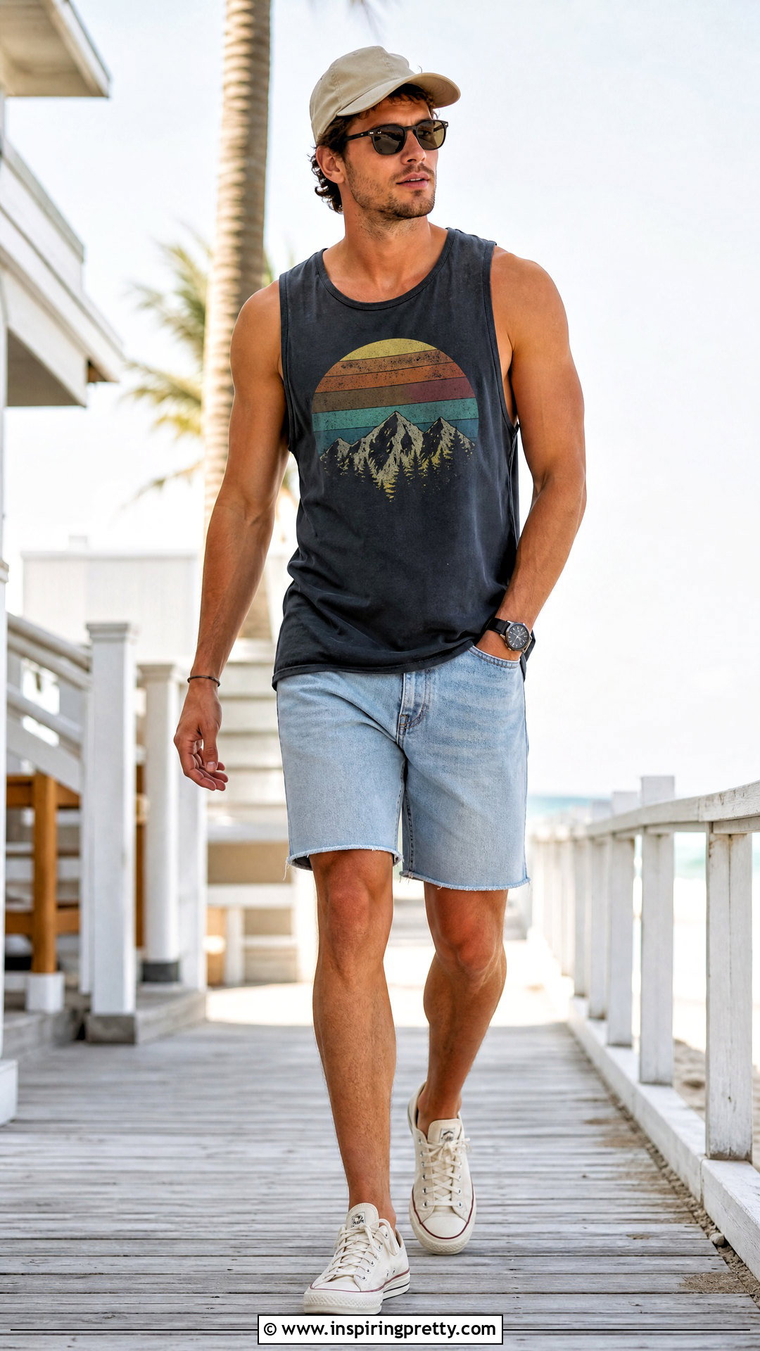 Graphic Tank Top With Denim Shorts - how to wear a tank top men (20 ways)