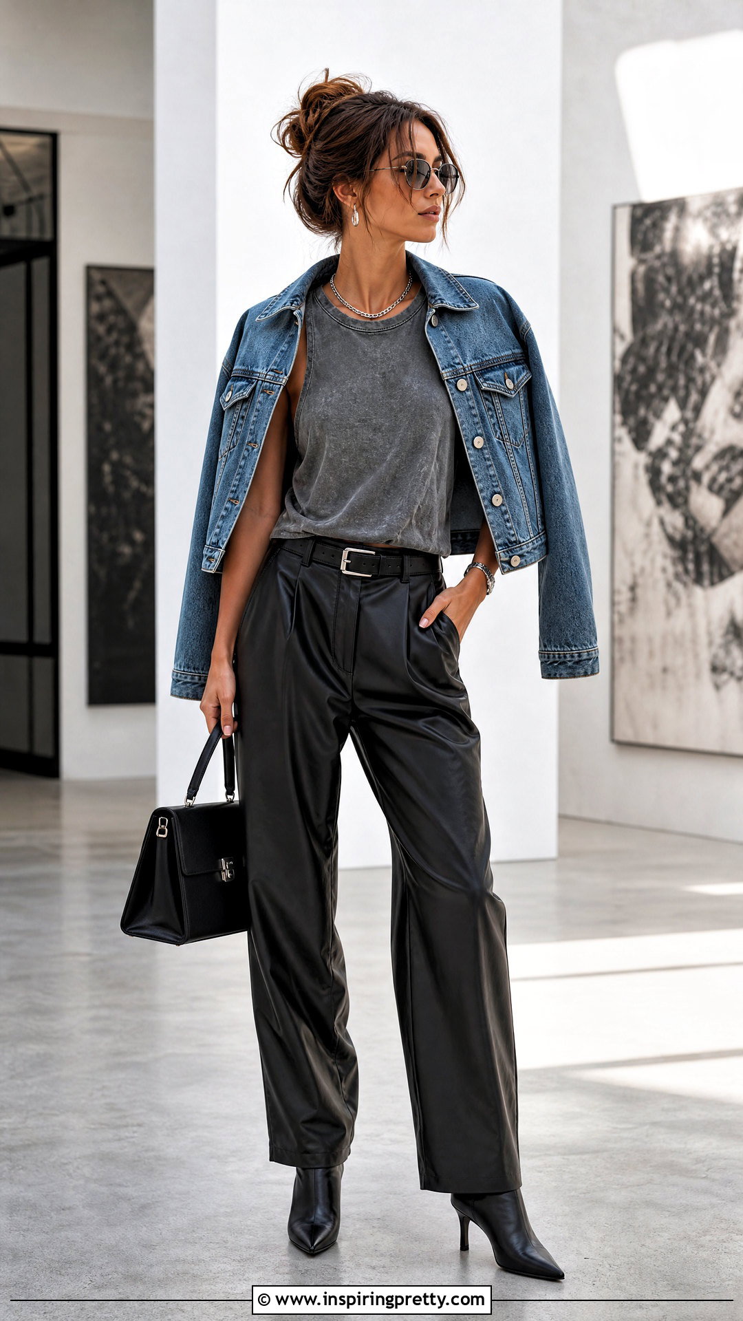 Graphic Tank Top With Faux Leather Pants - 50 graphic tank tops outfit ideas