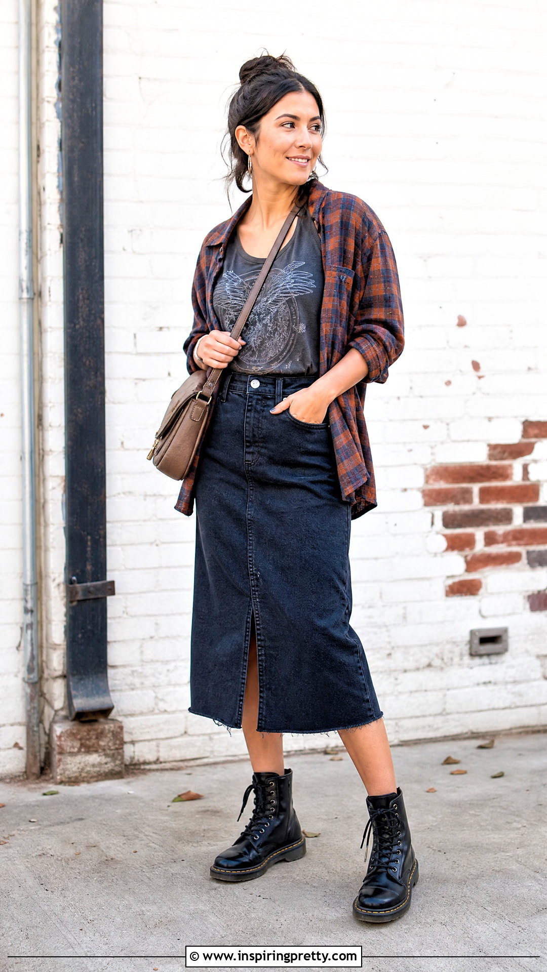 Graphic Tank Top With Flannel Shirt And Denim Skirt - 20 fall fashion tank top outfit ideas