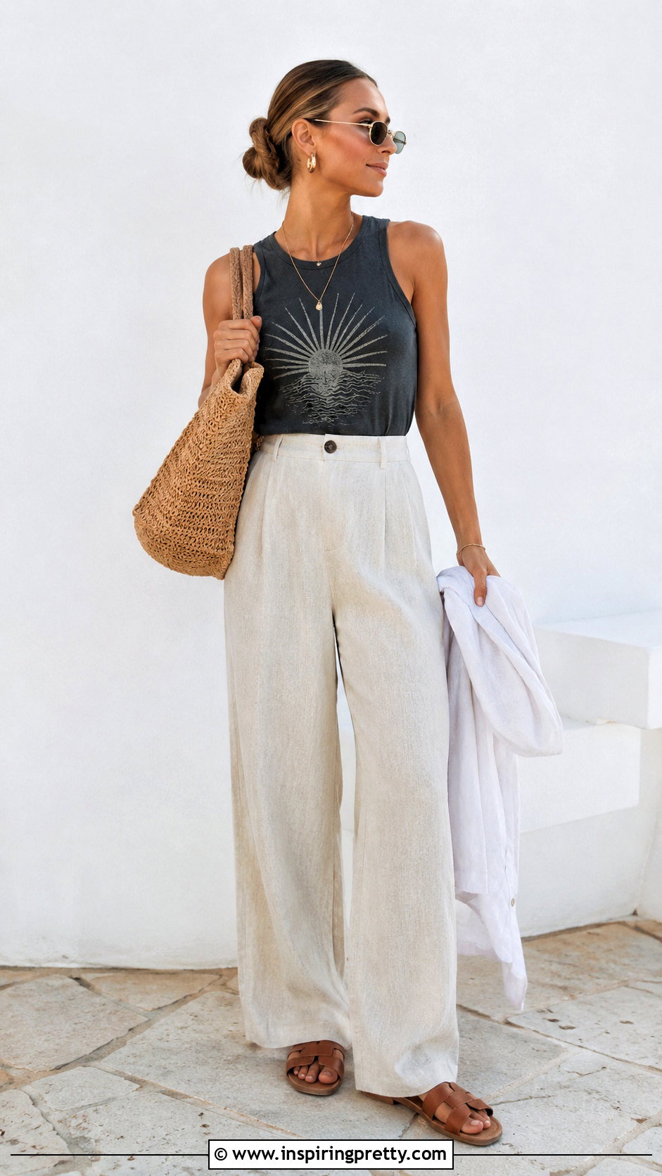 Graphic Tank Top With Linen Pants - 20 Trendy Graphic Tank Top outfit ideas