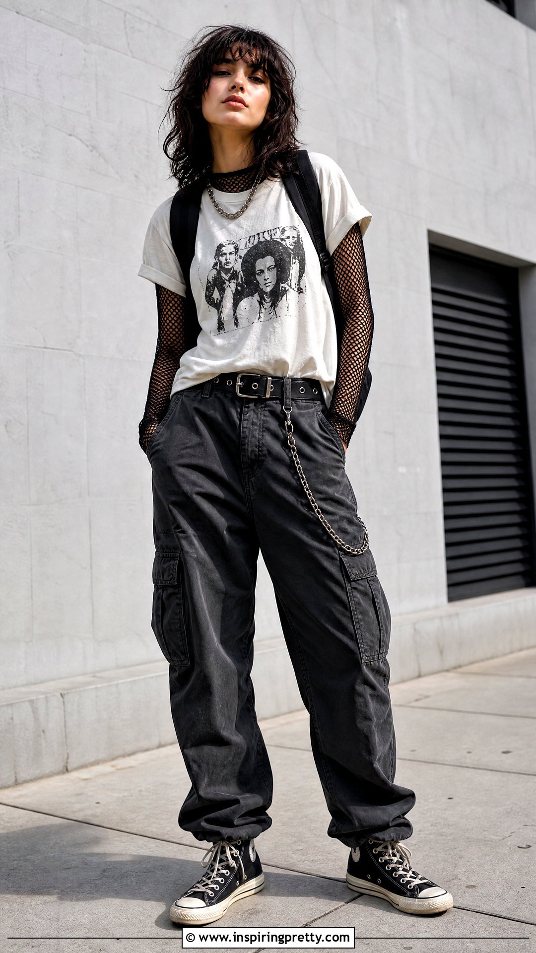 Graphic Tee And Fishnet Top With Cargo Pants Outfit - 20 fishnet top cargo pants