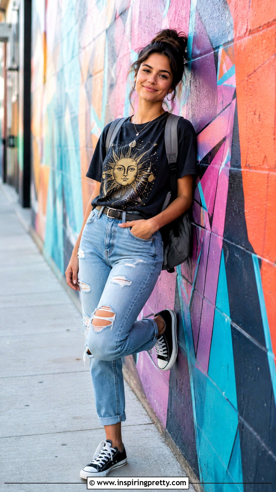 Graphic Tee And Ripped Jeans Wall Lean Pose - 50 jeans top photoshoot poses
