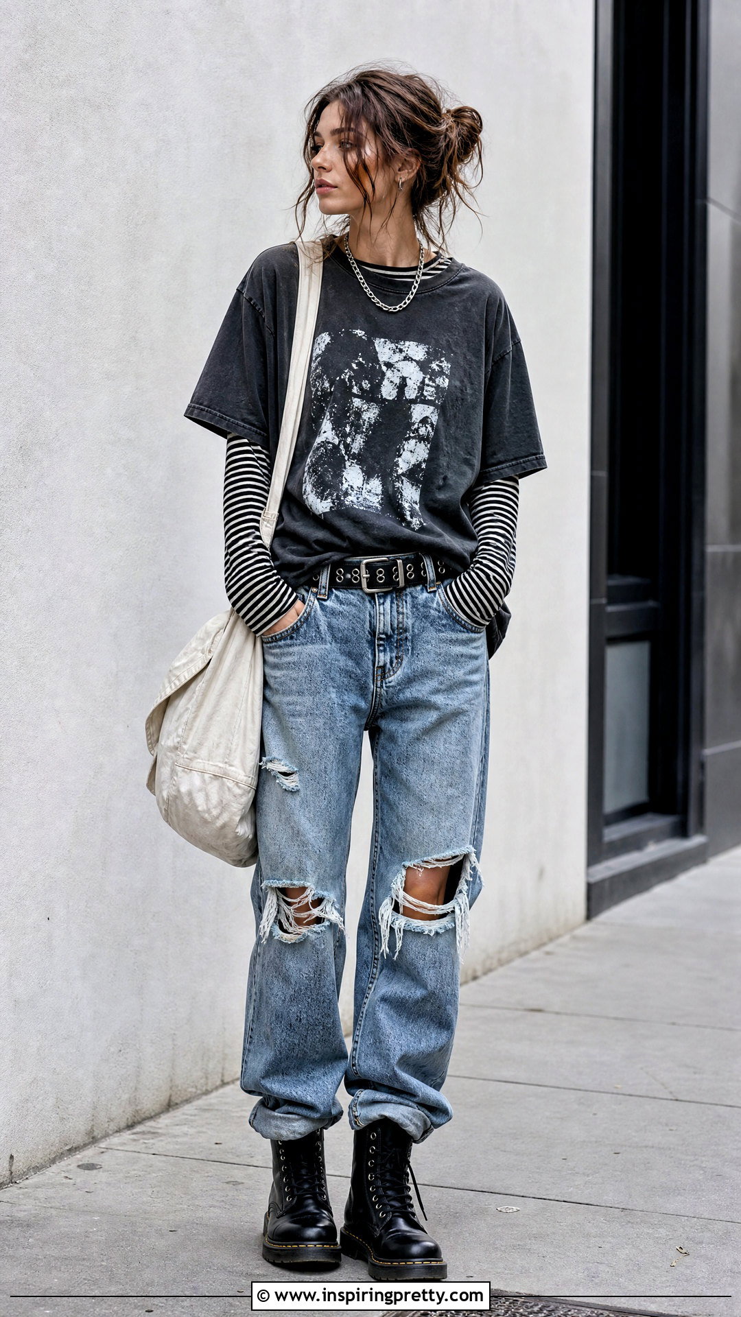 Graphic Tee Over Striped Long Sleeve Grunge Outfit - 20 Layered Tops Outfits Grunge Ideas