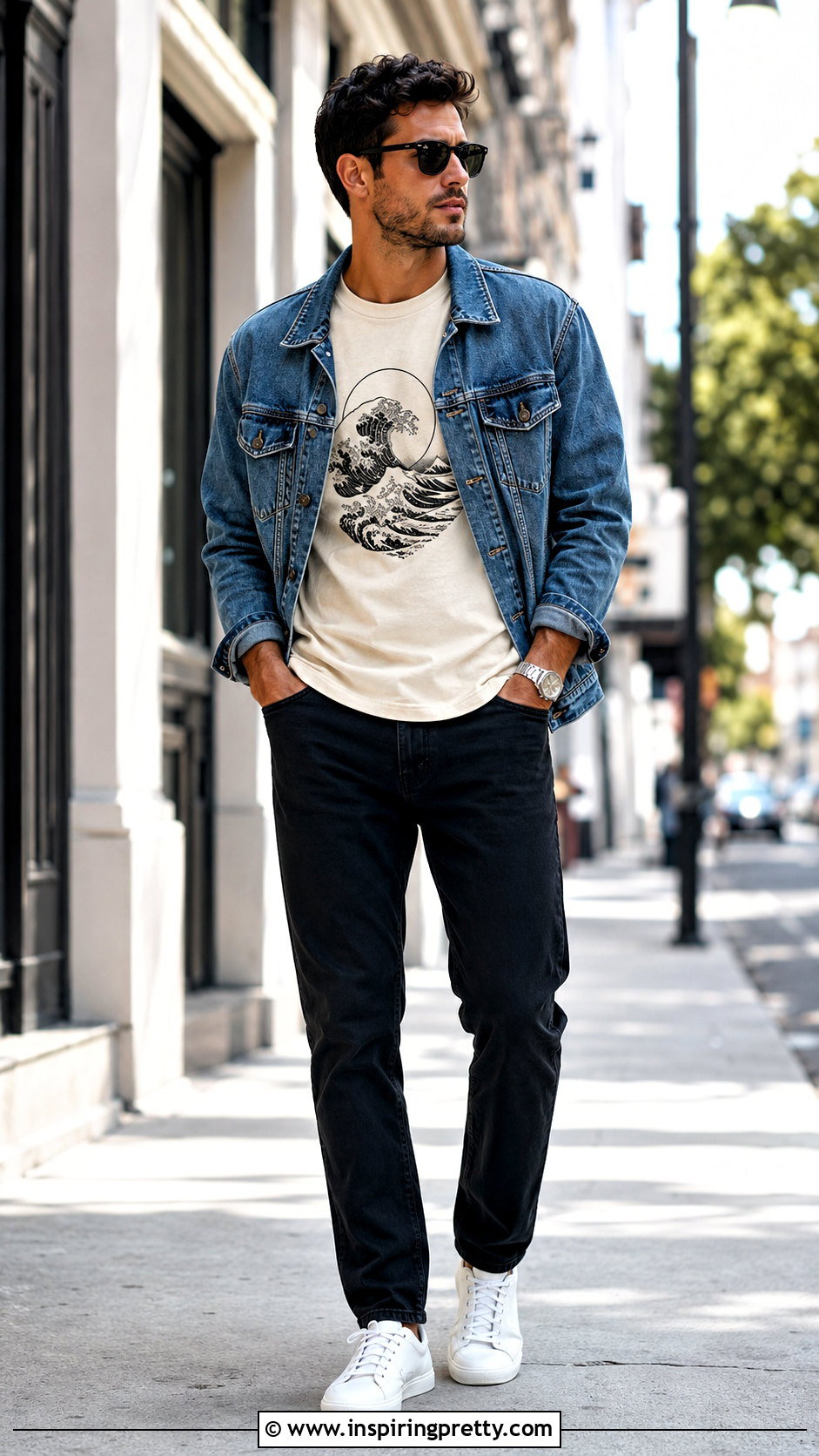 Graphic Tee With Denim Jacket Outfit - 25 graphic tops men