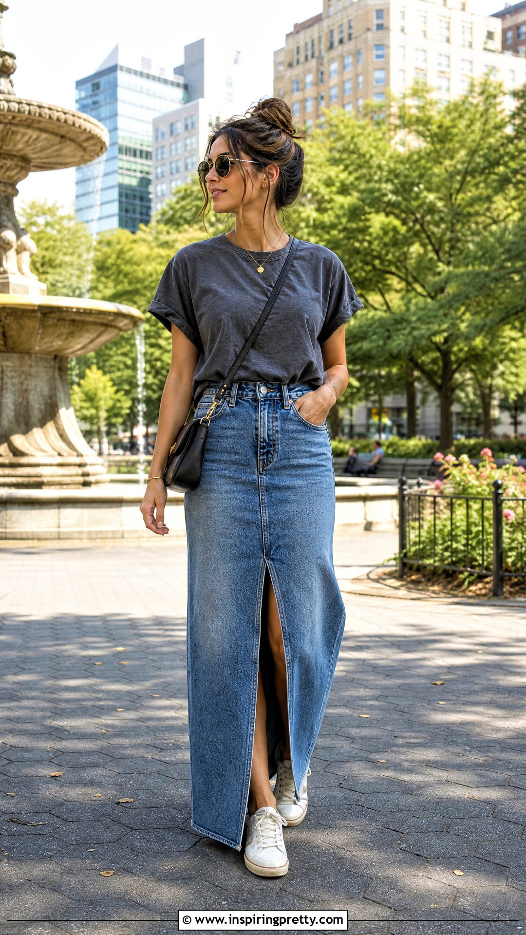 Graphic Tee With Denim Maxi Skirt - 20 Fashion Trends 2023 Spring Summer Women Shirts & Tops outfit ideas
