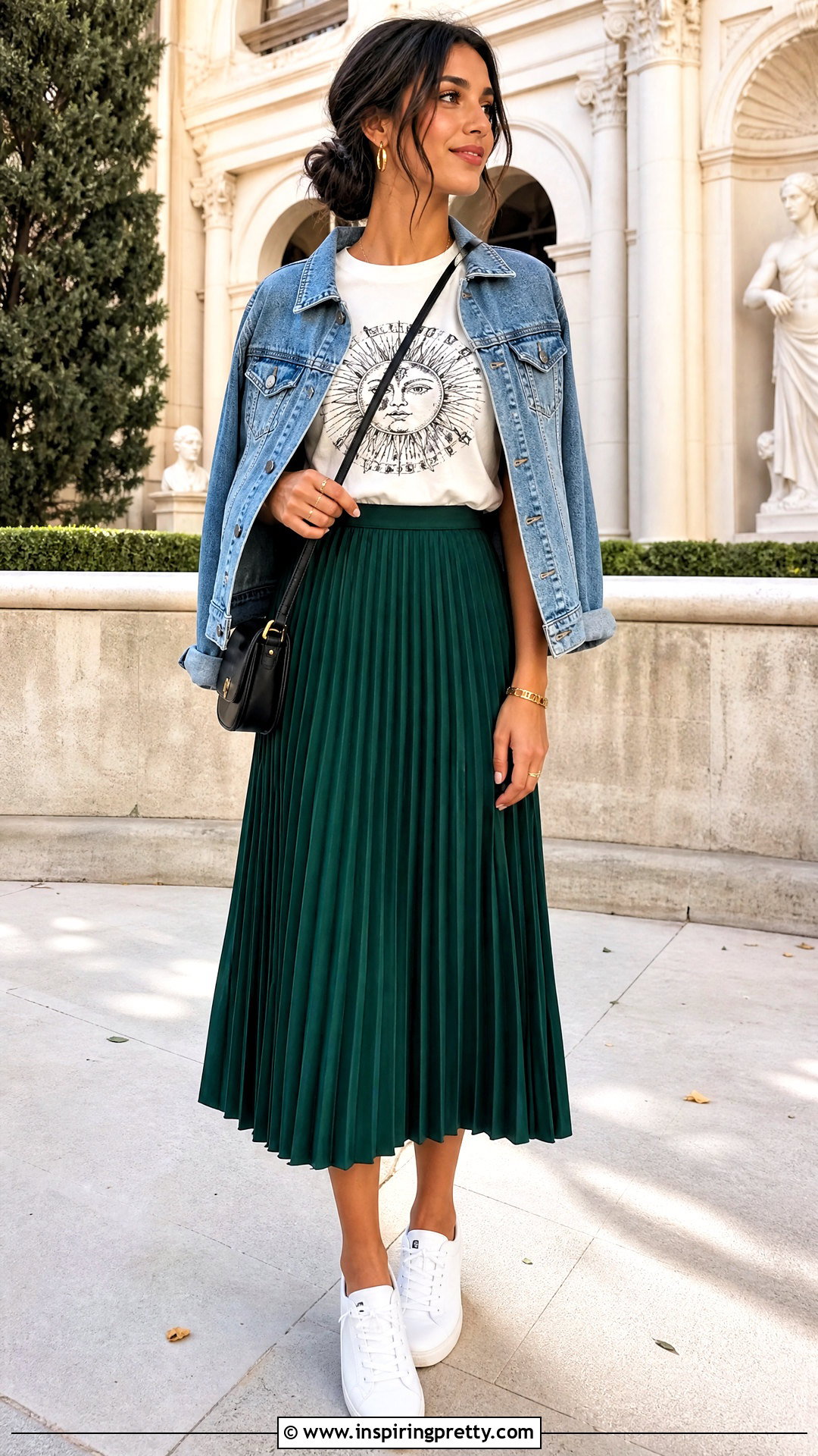 Graphic Tee With Pleated Midi Skirt - 50 cool tops outfit ideas