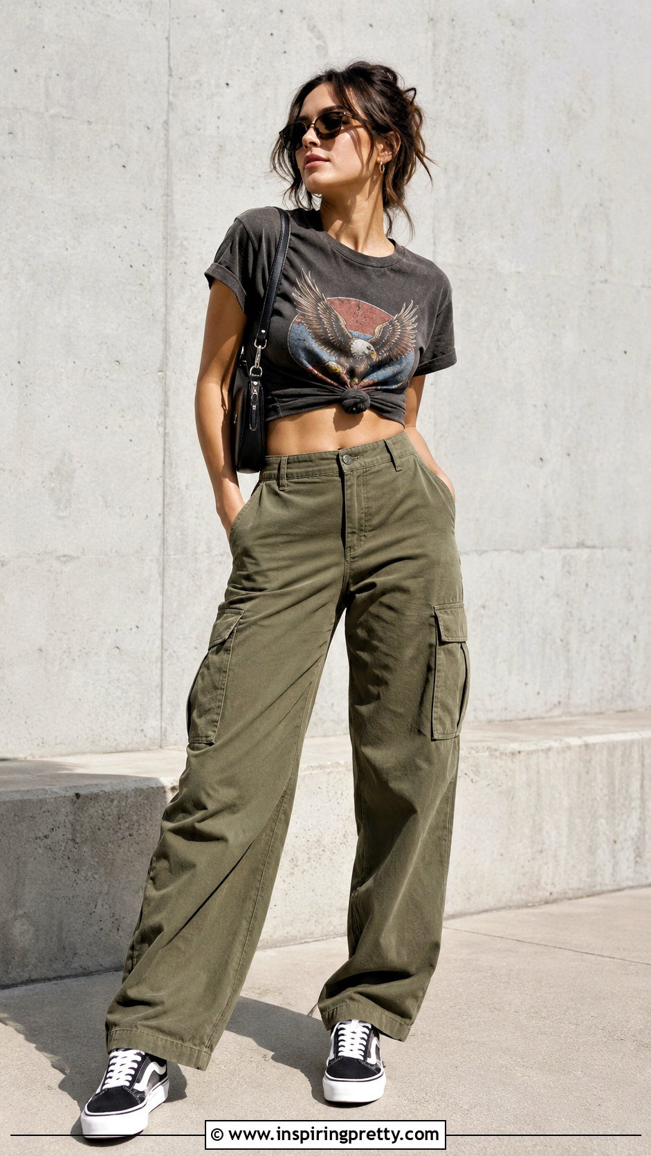 Graphic Tied Shirt Crop Top With Cargo Pants - 25 Tied Shirt Crop Top outfit ideas
