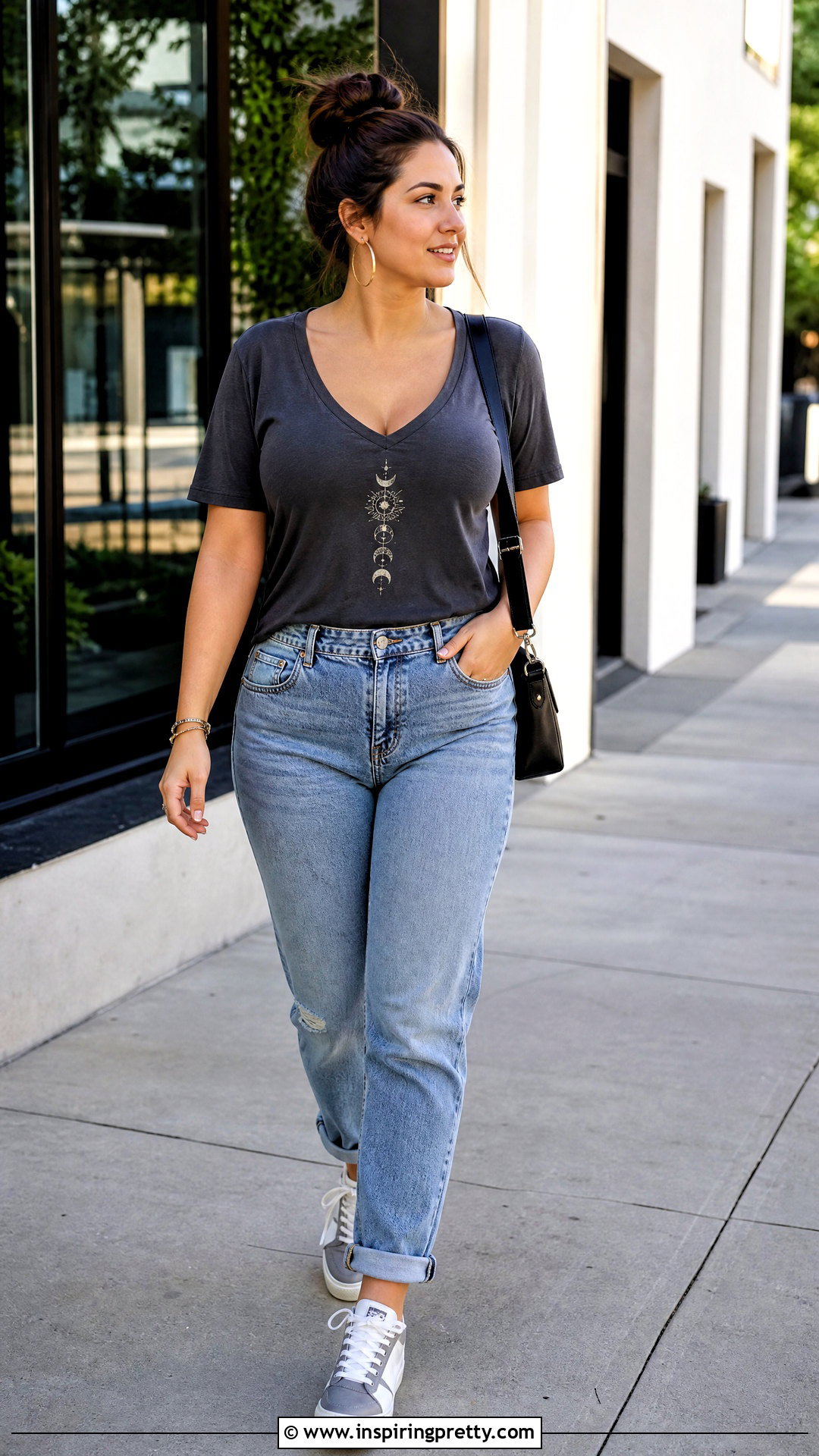 Graphic V Neck Tee With Boyfriend Jeans - 50 busty women tops outfit ideas