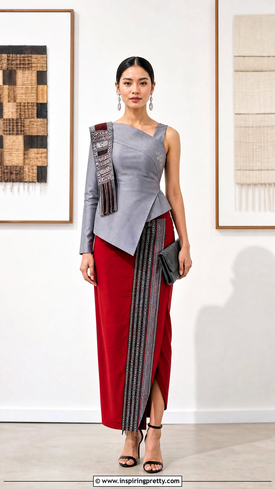 Gray Asymmetric Mizo Top With Red Wrap Skirt - 50 mizo tops designs