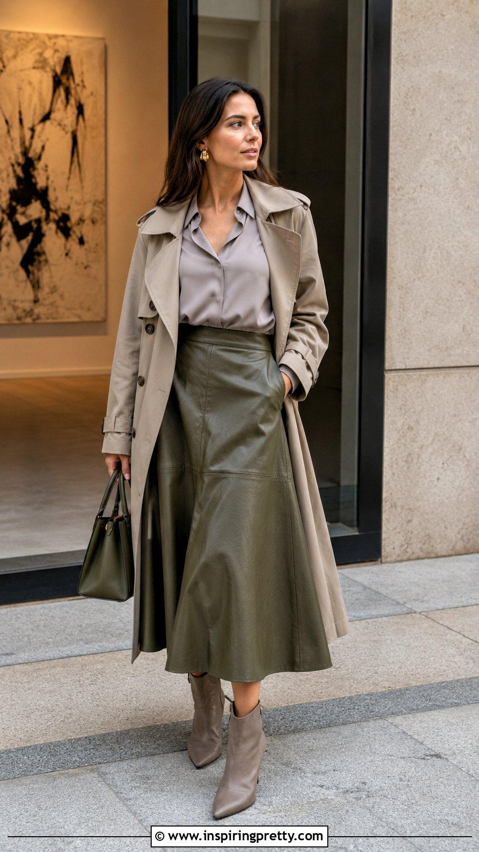 Gray Blouse With Olive Leather Midi Skirt - 20 Grey Top Leather Skirt outfits