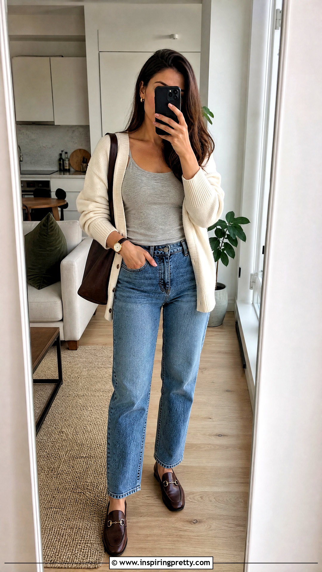 Gray Camisole Top With a Cardigan and Jeans - 20 gray camisole top outfit ideas