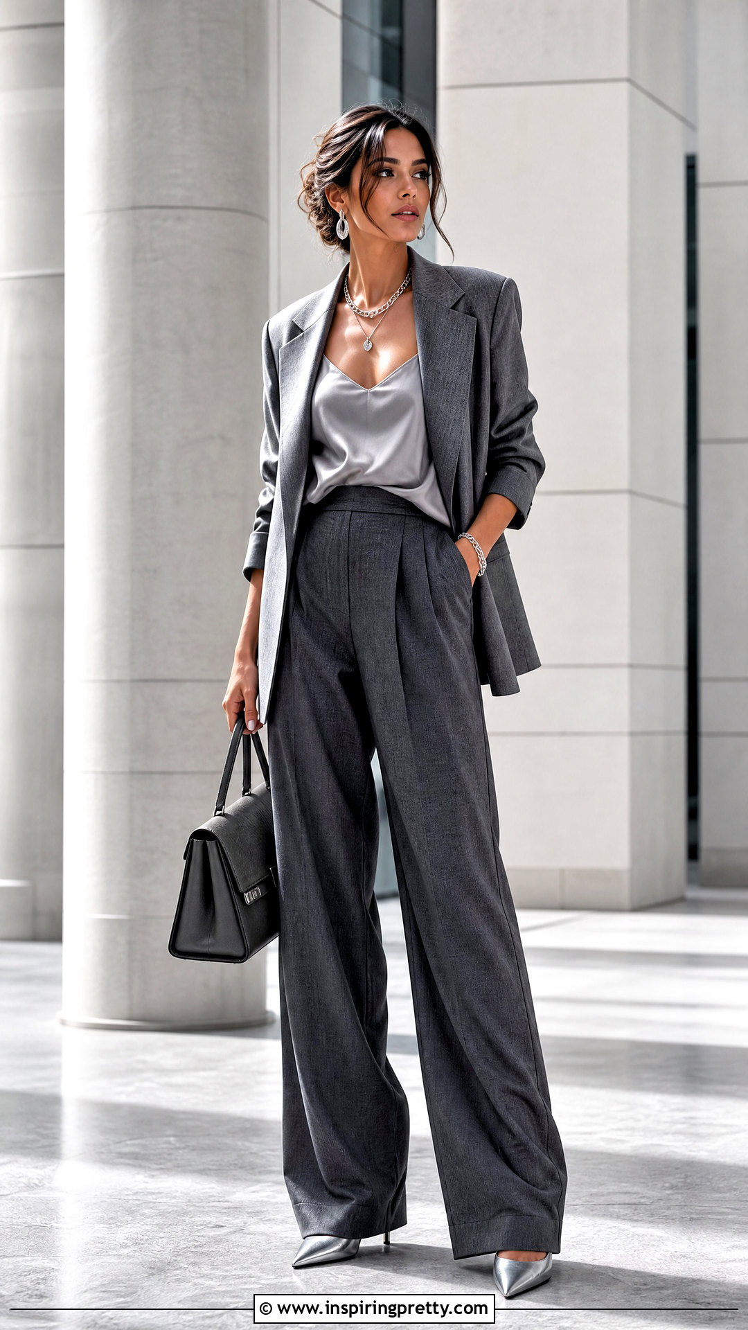 Gray Camisole Top With a Gray Monochrome Suit - 20 gray camisole top outfit ideas
