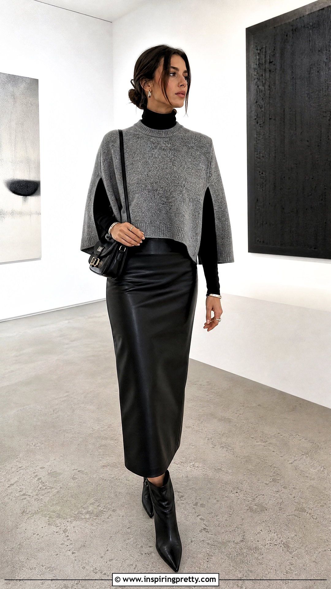 Gray Cape Knit Top With Leather Midi Skirt - 25 cape knit top outfit ideas