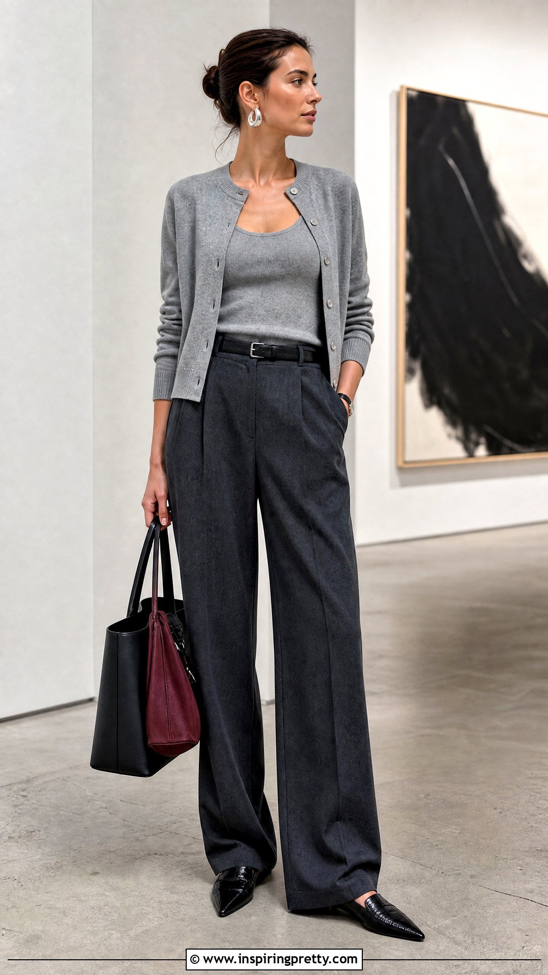 Gray Cardigan And Top Set With Wide Leg Trousers - 20 Matching Cardigan And Top Set outfits