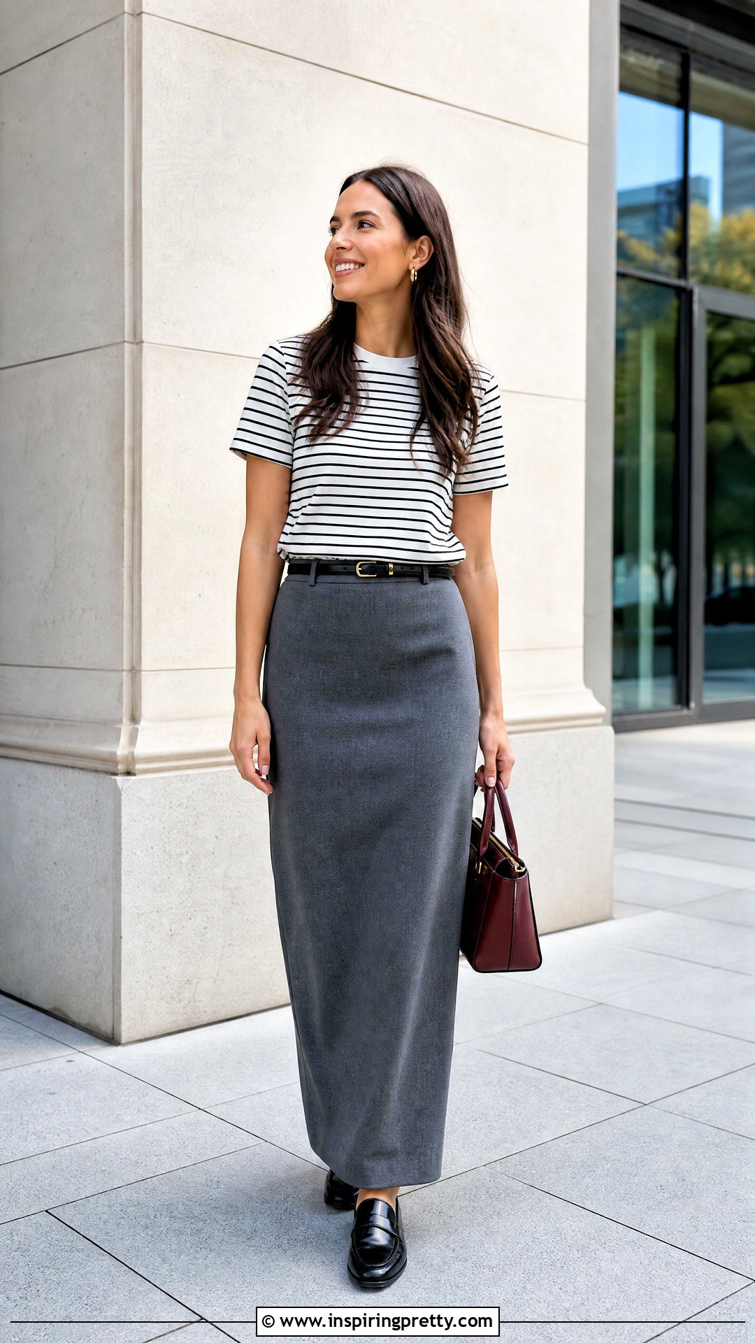 Gray Column Long Skirt With Striped T Shirt - 50 long skirt and top outfit ideas