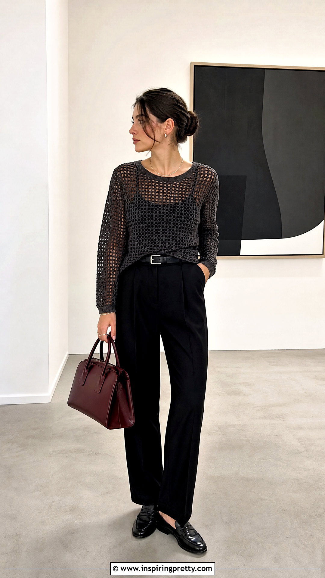 Gray Crochet Mesh Top With Black Trousers - 50 crochet mesh top outfit ideas