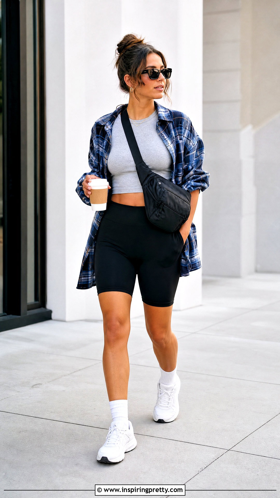Gray Crop Top Bike Shorts And Blue Flannel Outfit - 20 Shorts Crop Top And Flannels