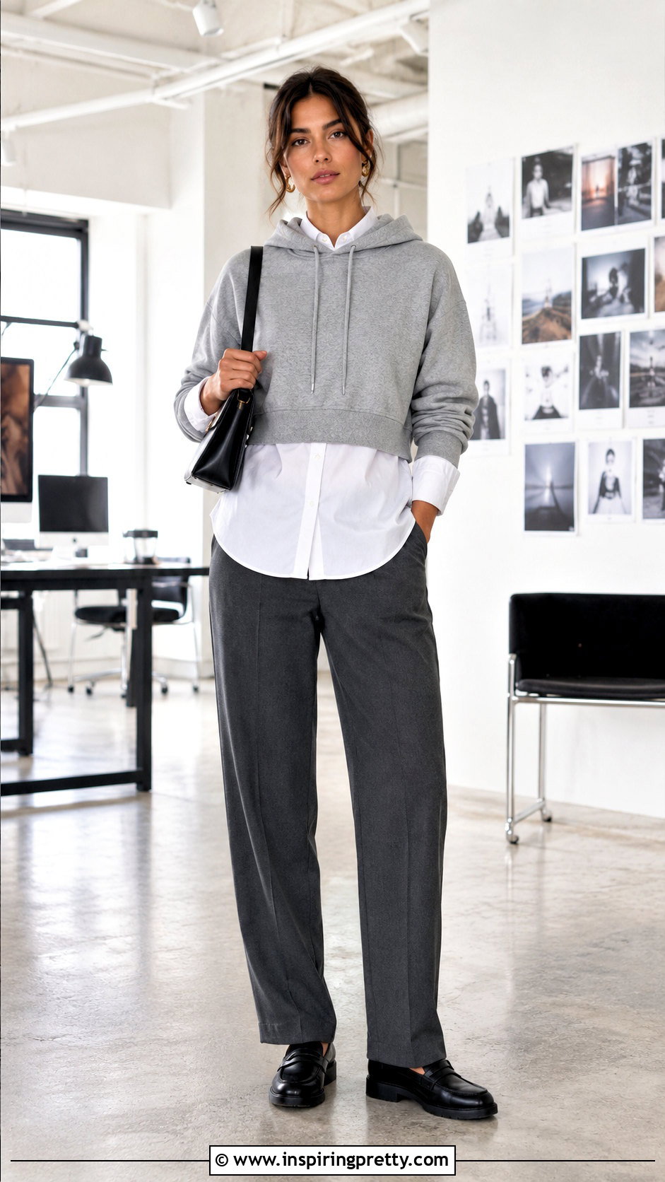 Gray Crop Top Hoodie With Button Down Shirt And Trousers - 20 crop top hoodie with shirt underneath outfit ideas