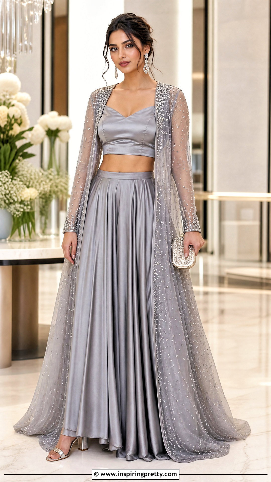 Gray Crop Top Lehenga With Crystal Jacket - 50 crop top lehenga with jacket outfit ideas